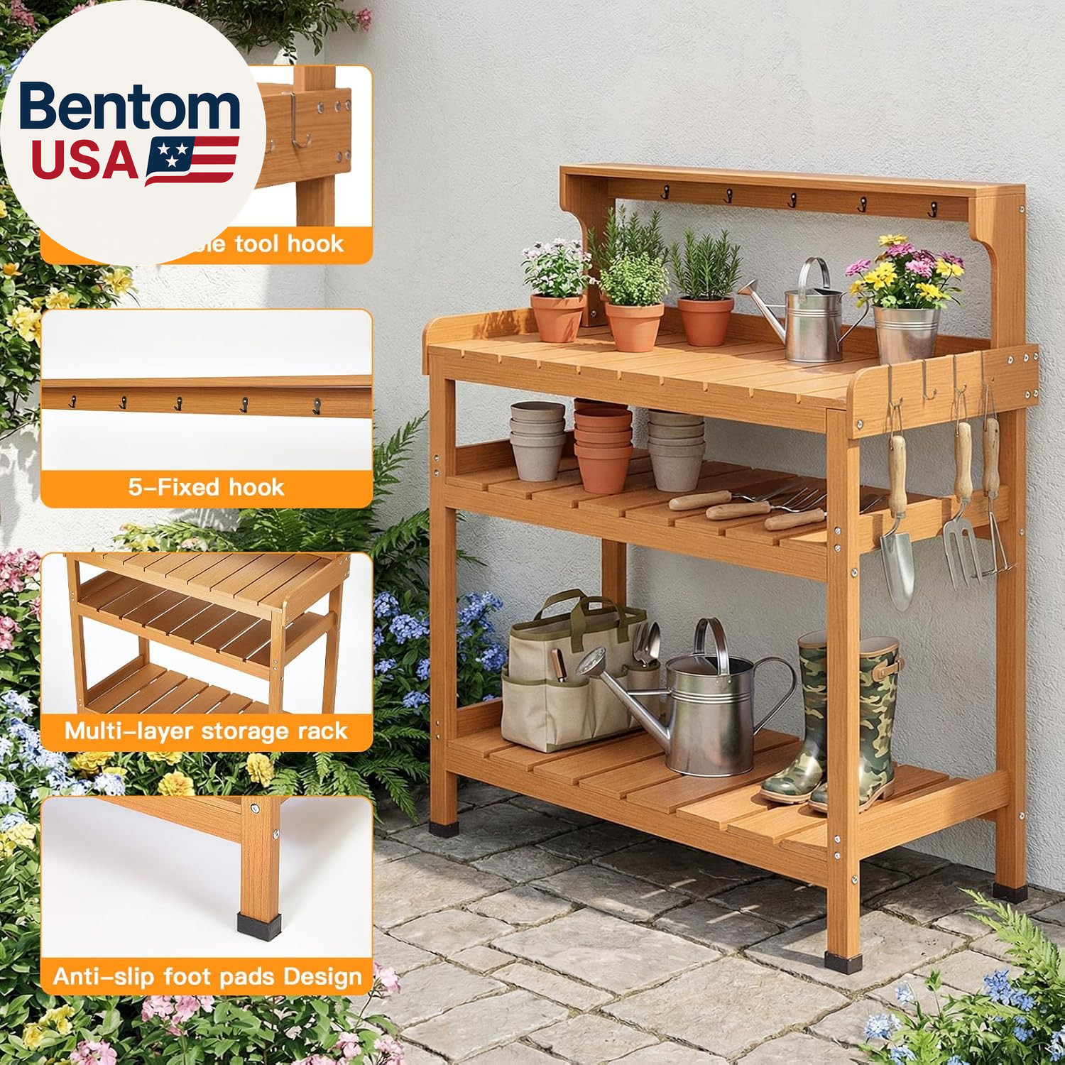 Potting Bench Table, Extra-Large Outdoor Garden Potting Bench (HDPS) with 9 Hook