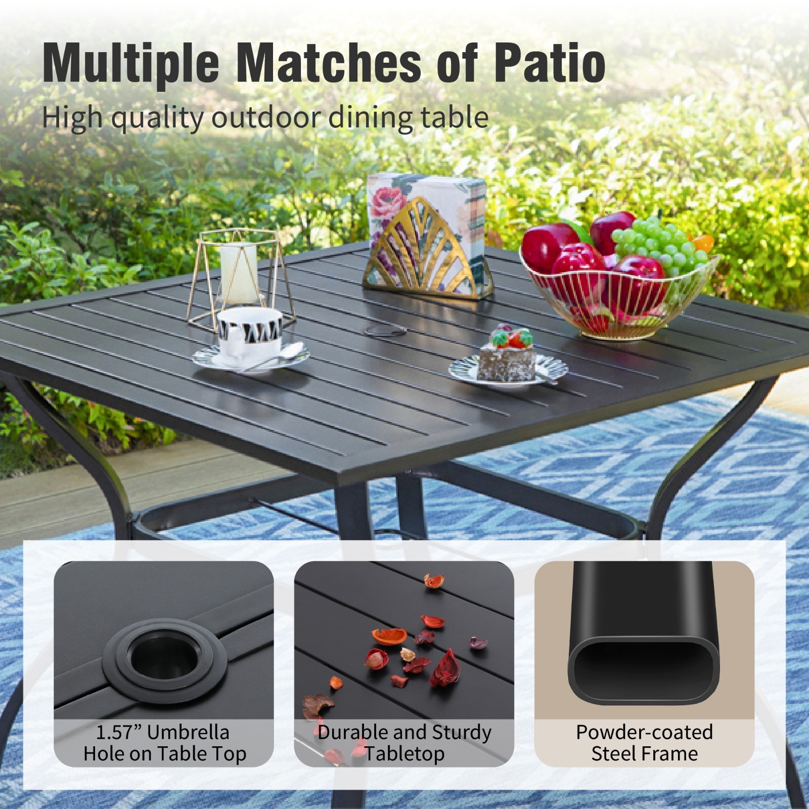 5PCS Outdoor Patio Dining Set Square Table with Umbrella Hole for Yard Lawn Deck