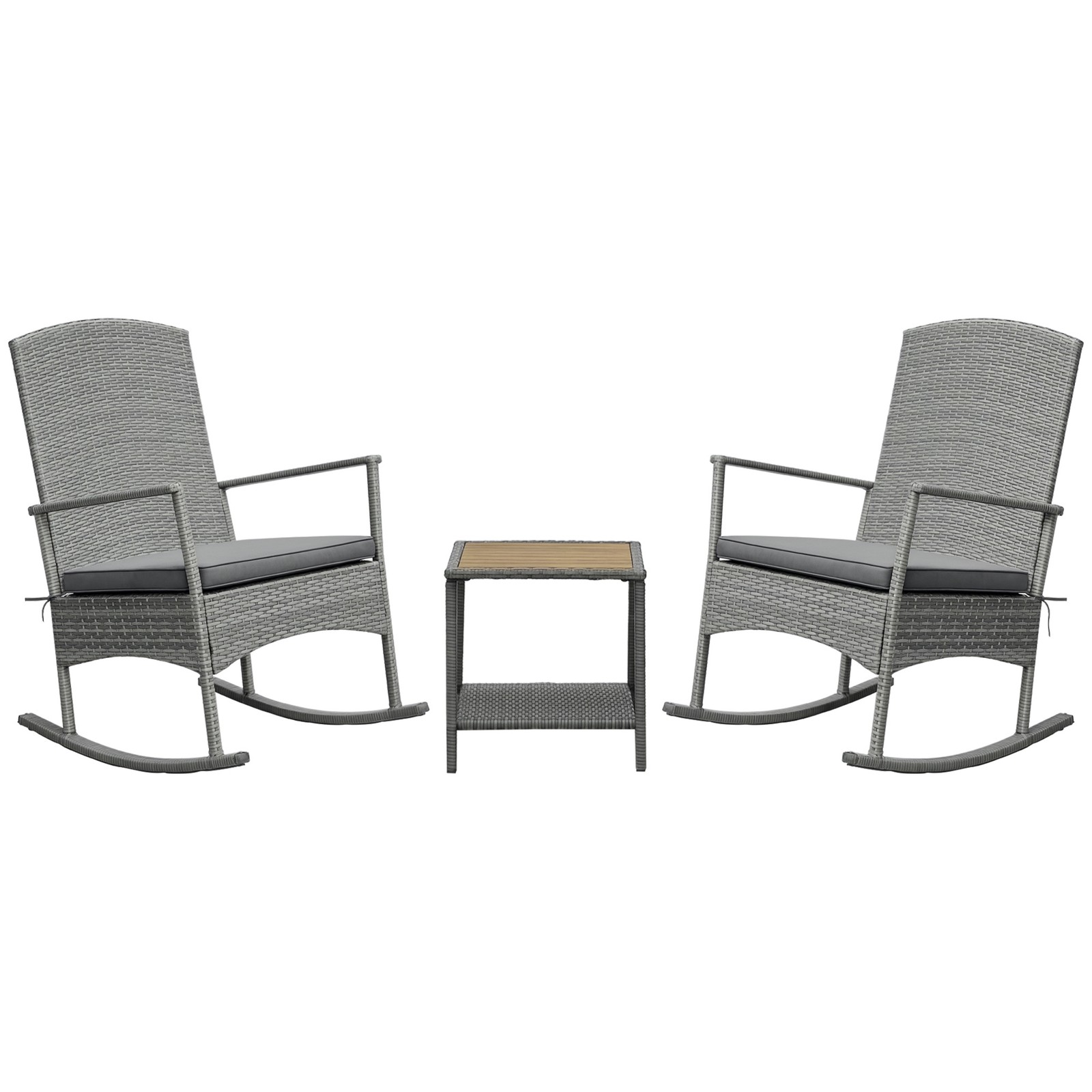 3pc Outdoor Wicker Rocking Chair Set, PE Rattan, 2-Tier Table, Wood, Grey