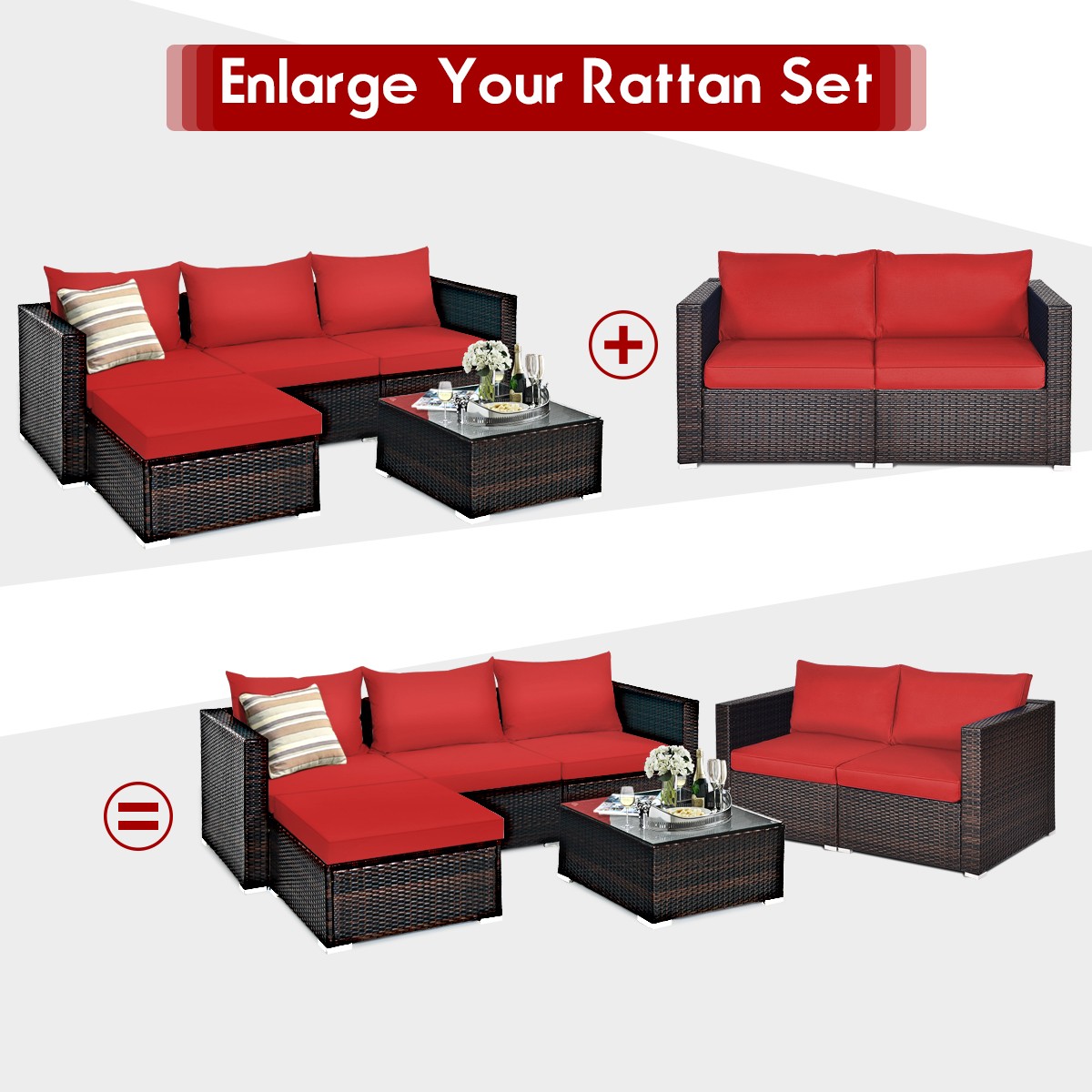 Patiojoy 4PCS Patio Rattan Sofa Set w/ Hand-Woven Rattan & Four Cushions Red