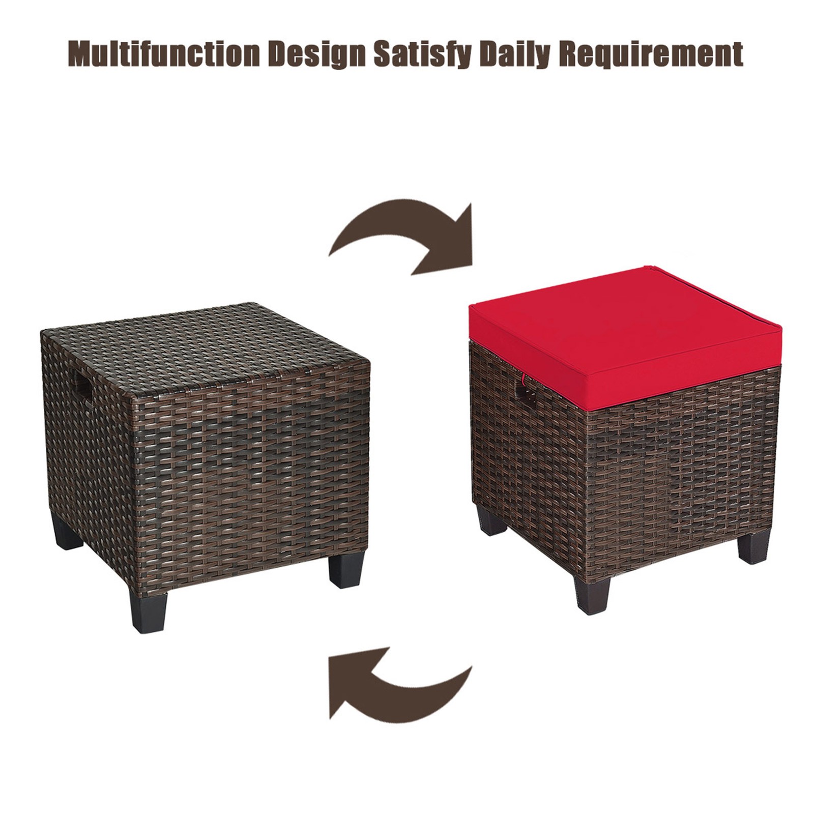 Set of 2 Patio Rattan Ottoman Footrest Garden Outdoor w/ Red Cushion