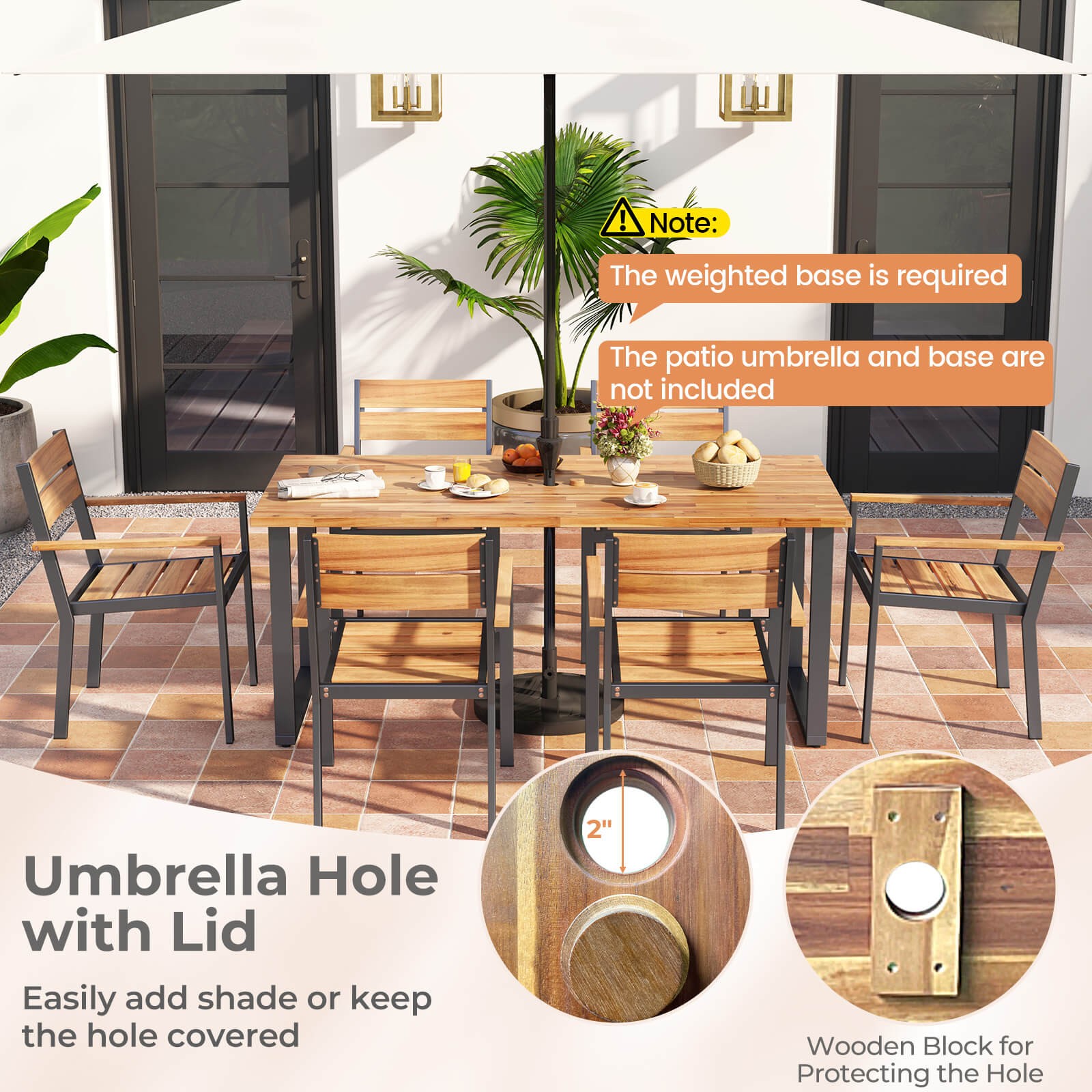 7 PCS Acacia Wood Patio Dining Set 6 Armchairs and 69” Table with 2” Umbrella