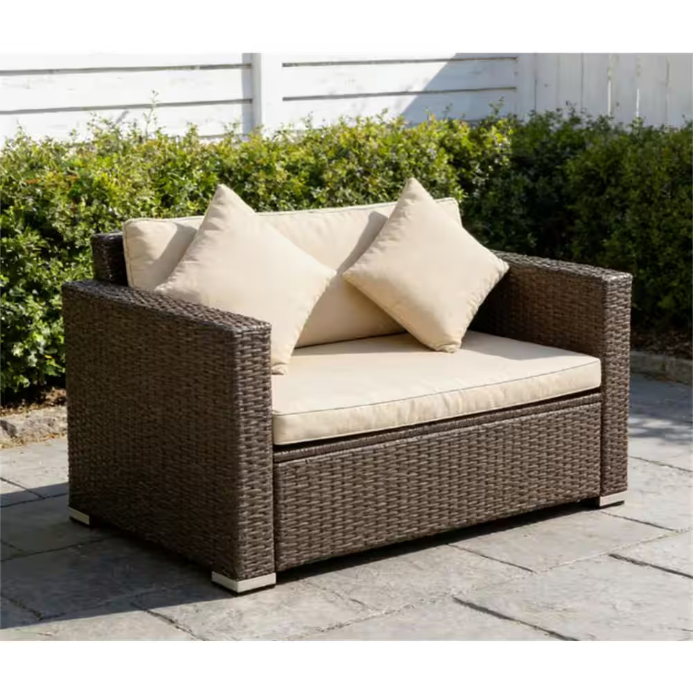 Wicker Outdoor Patio Brown Loveseat with Adjustable Feet Pads and Beige Cushion