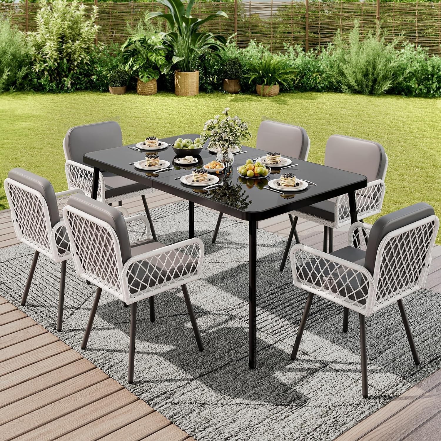 7 Piece Outdoor Patio Dining Set 59×35 in Iron Table Black Glass 6 Wicker Chairs