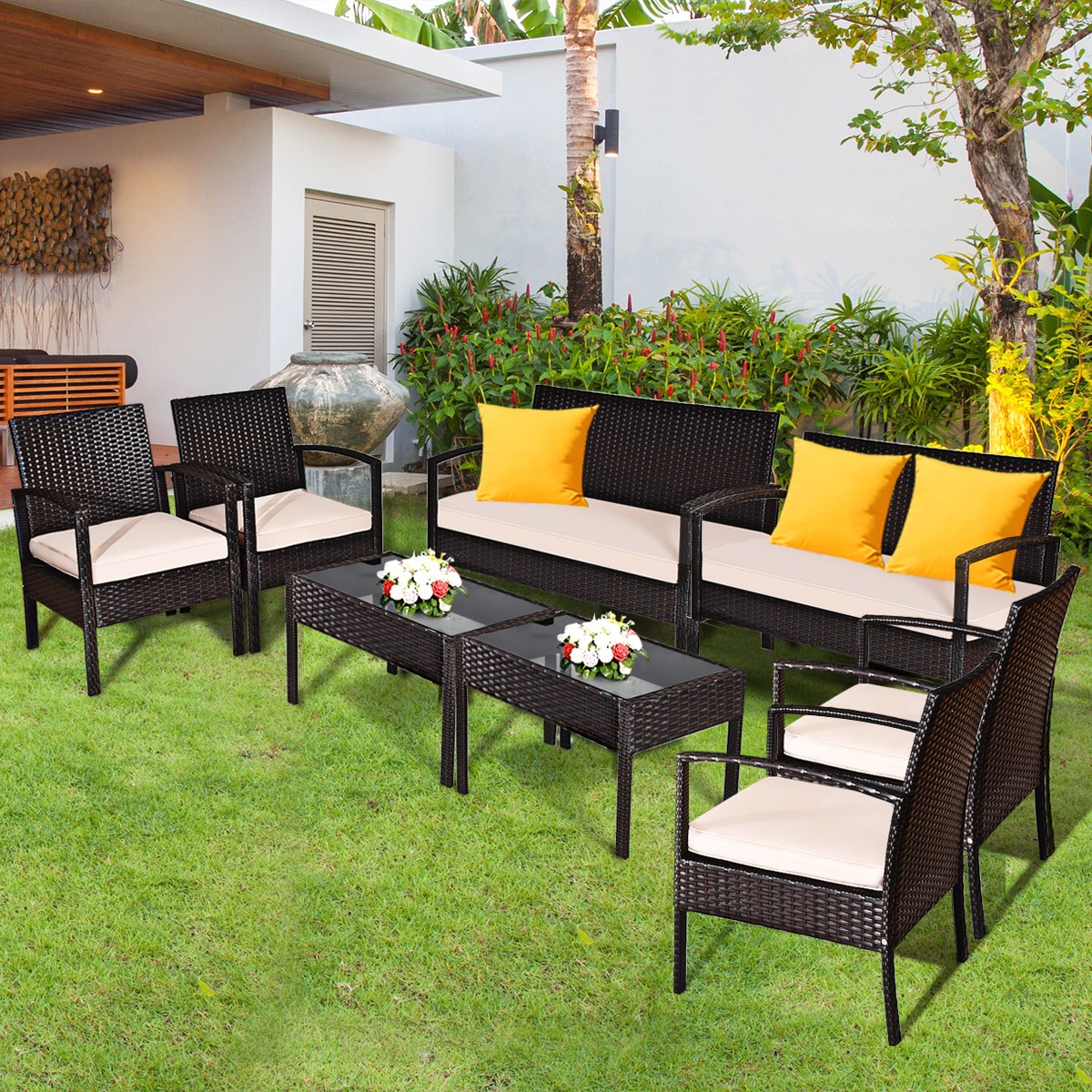 8PCS Patio Rattan Set Cushioned Sectional Sofa Glass Table