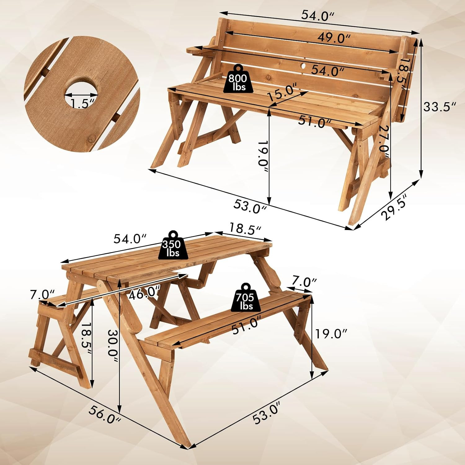 Wooden Picnic Table Set, 2 In-1 Folding Picnic Bench Set Transforming Interchang