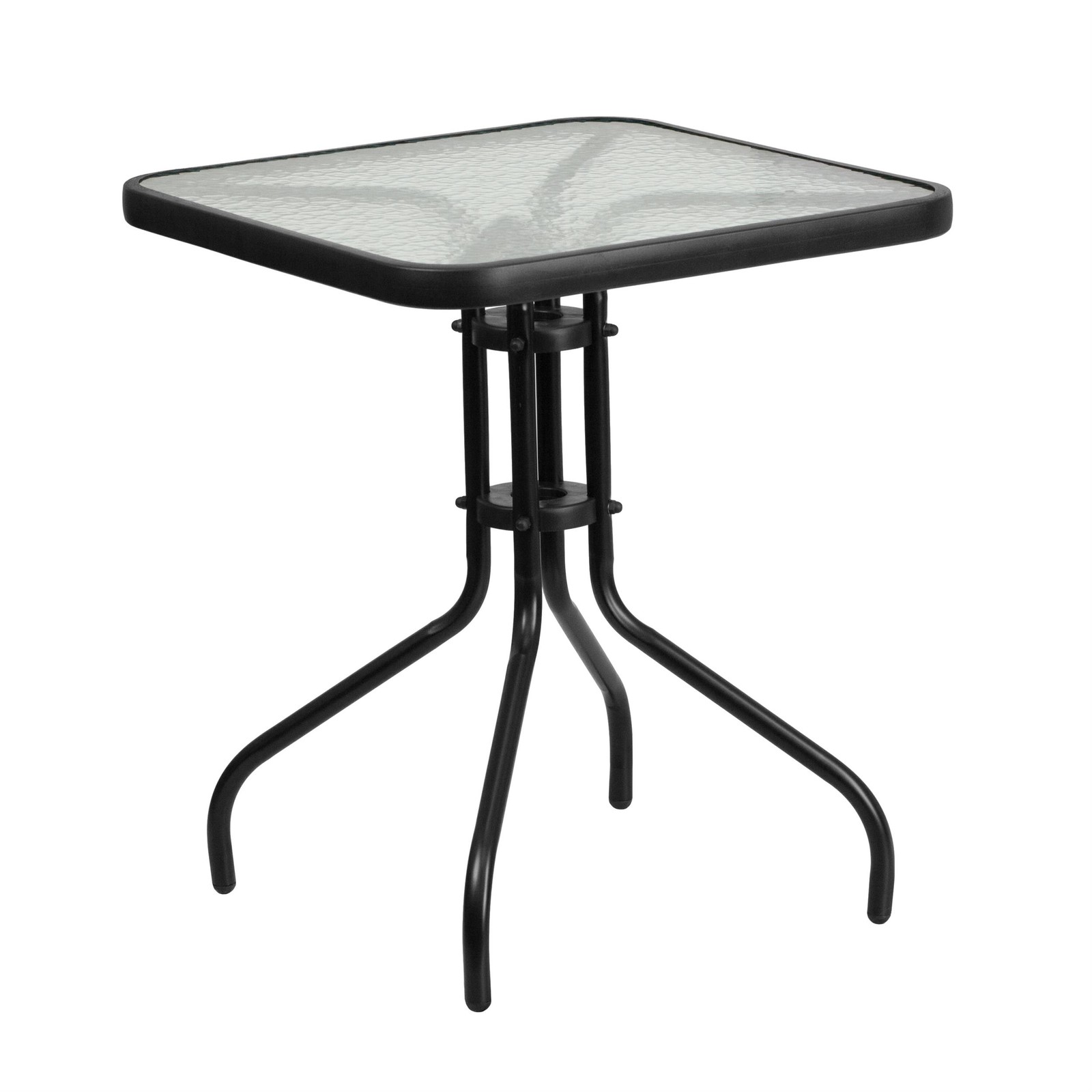 3 Piece Patio Dining Set – 23.5″ Square Glass Table 2 Black Flex Stack Chairs