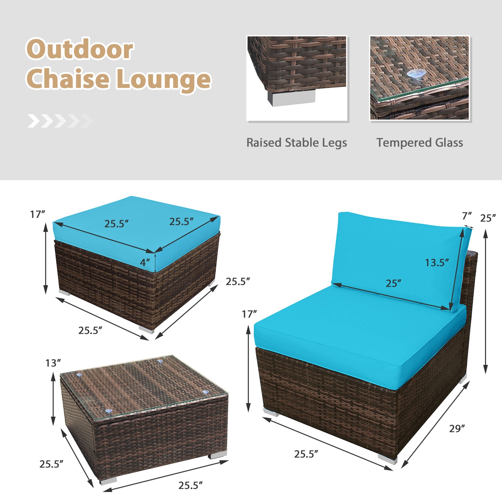 5PCS Outdoor Patio Furniture Set w/ Coffee Table Ottoman Turquoise Cushion