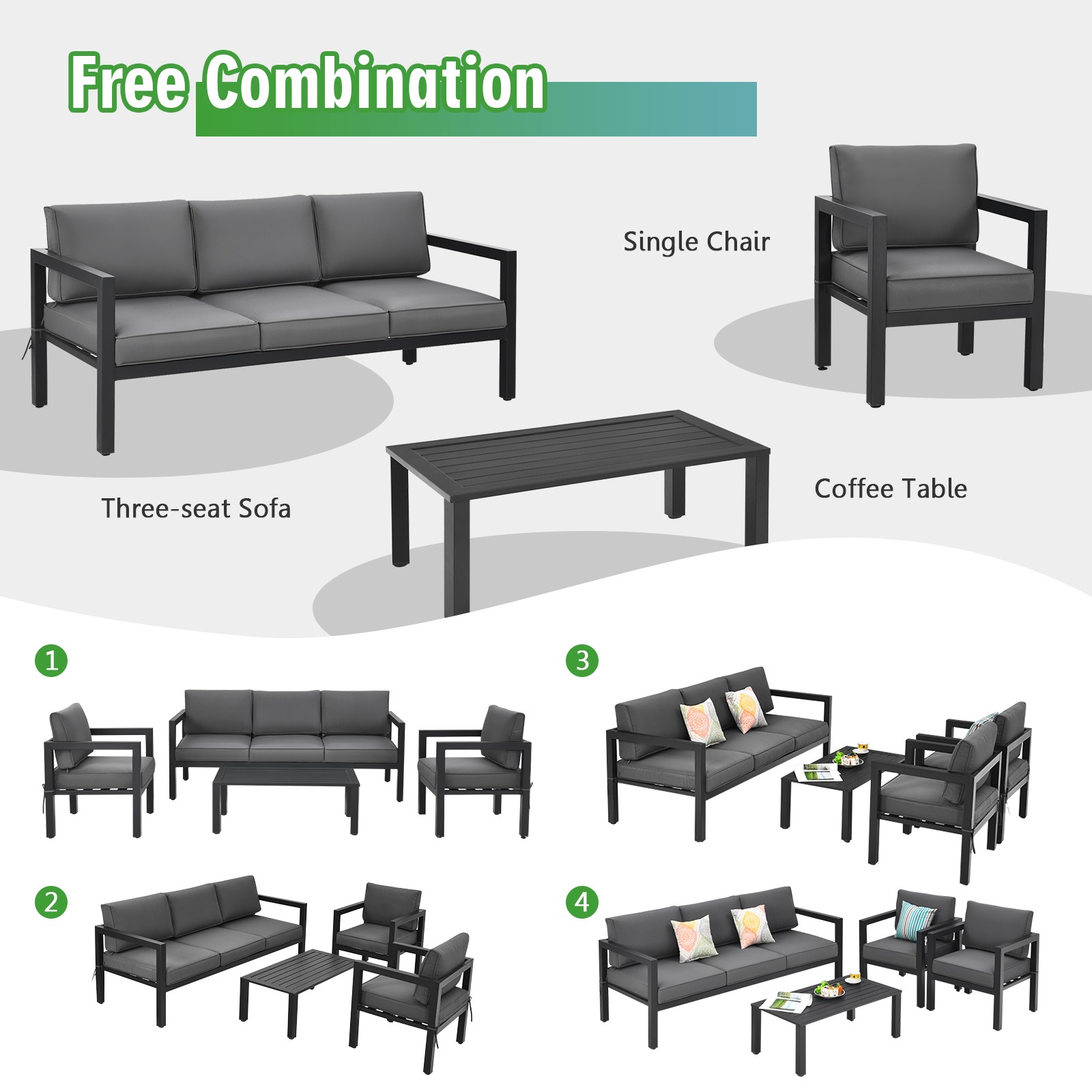 Patiojoy Outdoor 4-Piece Patio Furniture Set Sectional Sofa Set Coffee Table
