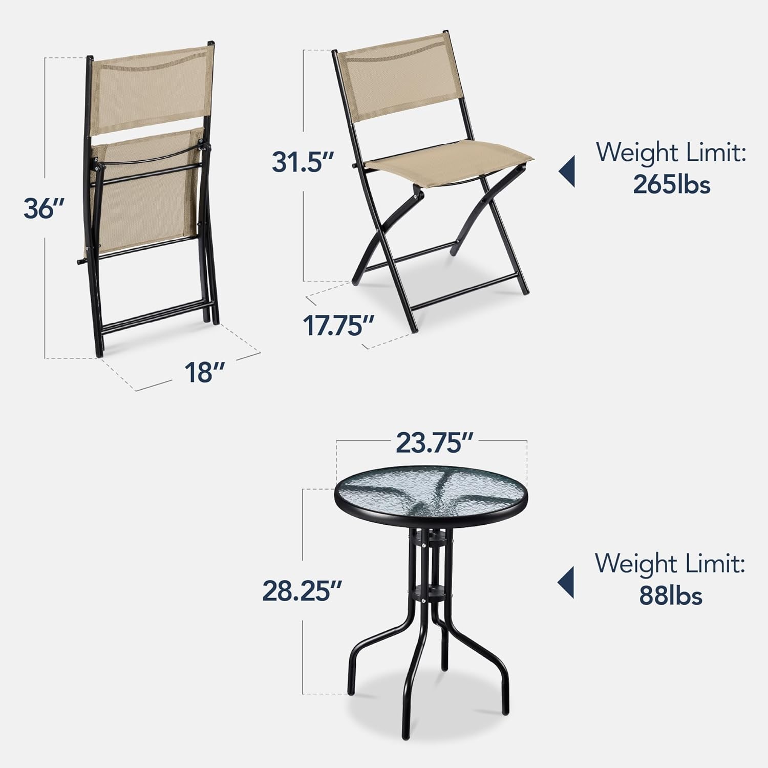 3-Piece Patio Bistro Dining Furniture Set w/Textured Glass Tabletop 2 Steel