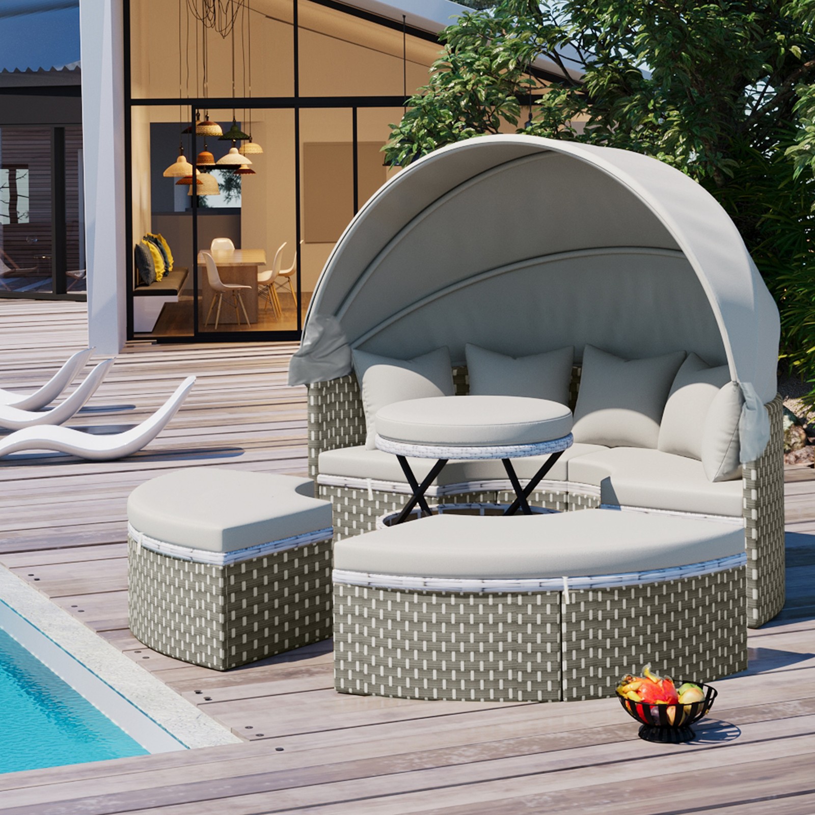 Round Outdoor Sectional Sofa Set with Retractable Canopy & Daybed – Gray