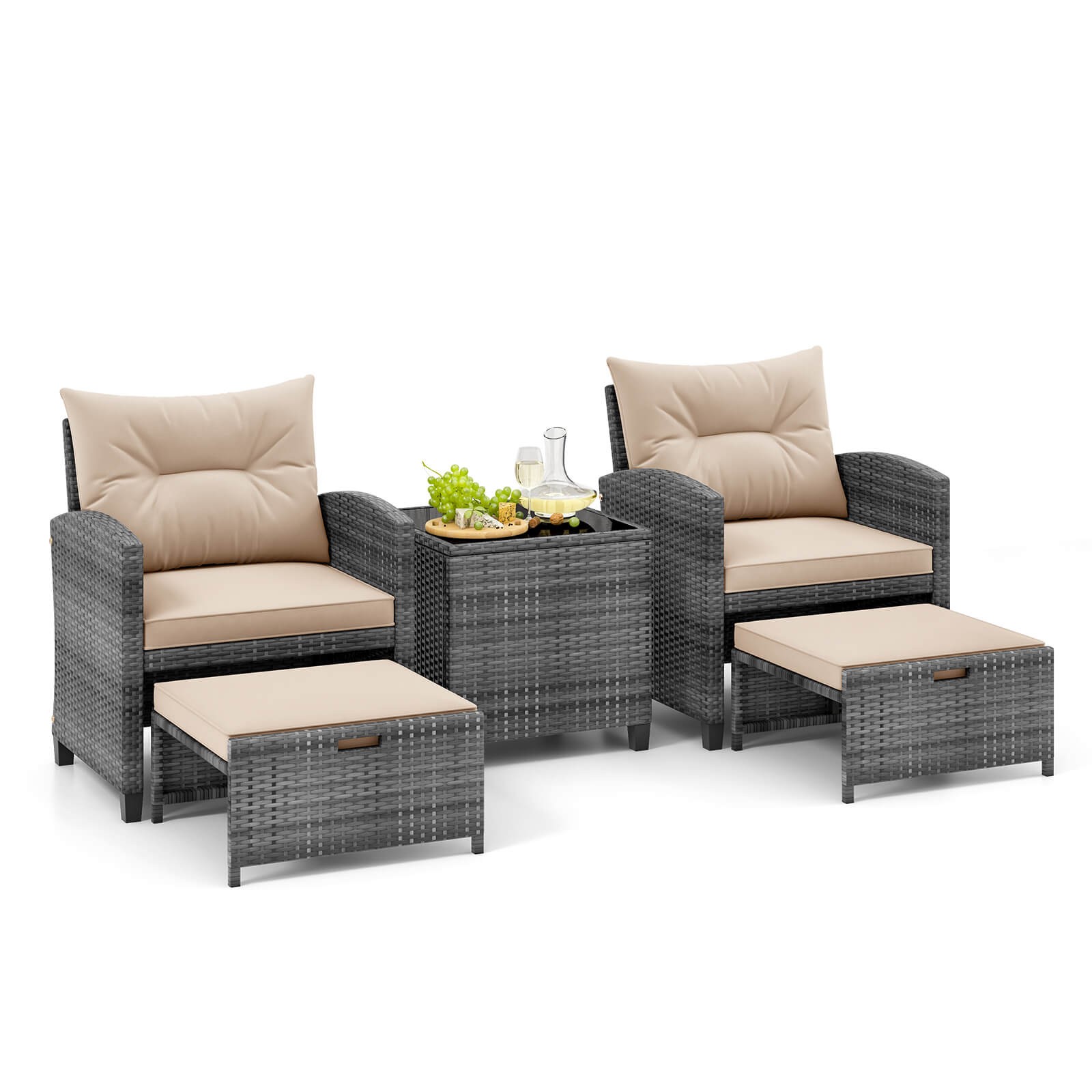 5 Piece Patio Rattan Furniture w/ 2 Ottomans & Tempered Glass Coffee Table