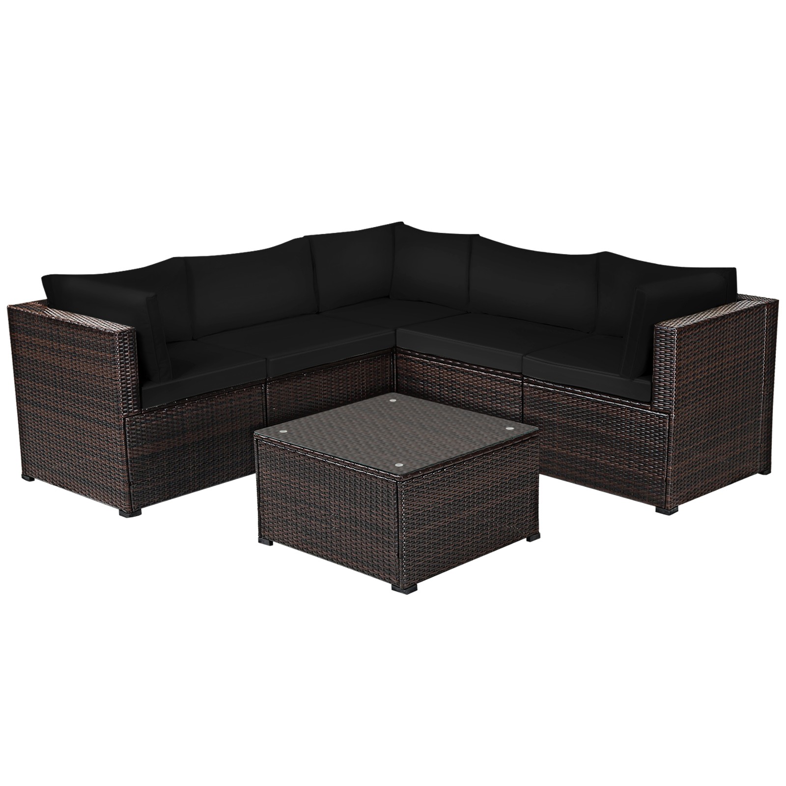 Patiojoy Patio Rattan Furniture Set 6PCS Sectional Cushioned Sofa Deck Black