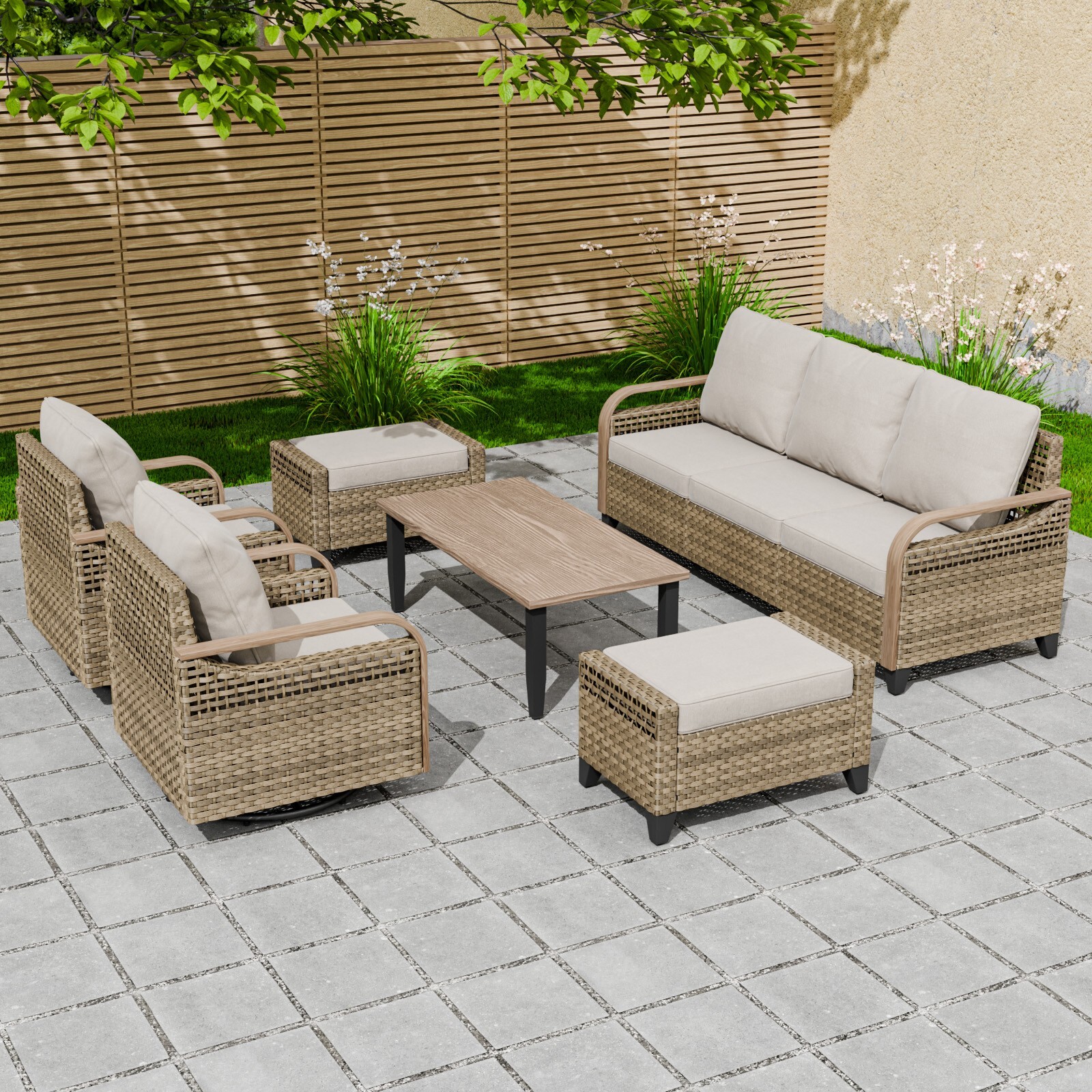 EAGLE PEAK 6 Piece Wicker Outdoor Patio Furniture Set with Swivel Rocking Chair