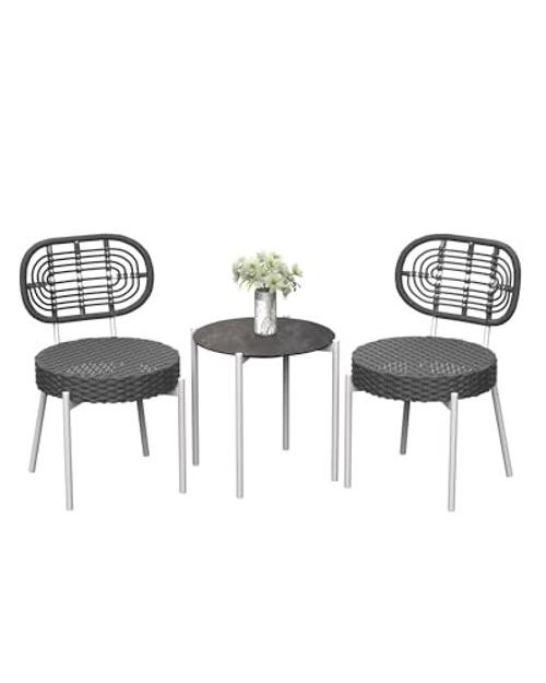 3 Piece Wicker Patio Bistro Furniture Set, Outdoor Dining Chairs, White & Grey