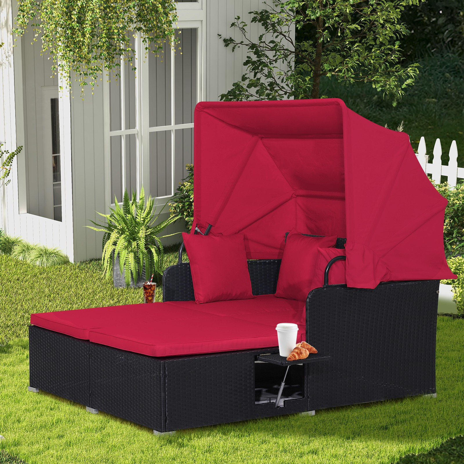 Topbuy Outdoor Daybed with Retractable Canopy PE Rattan Sunbed with Soft