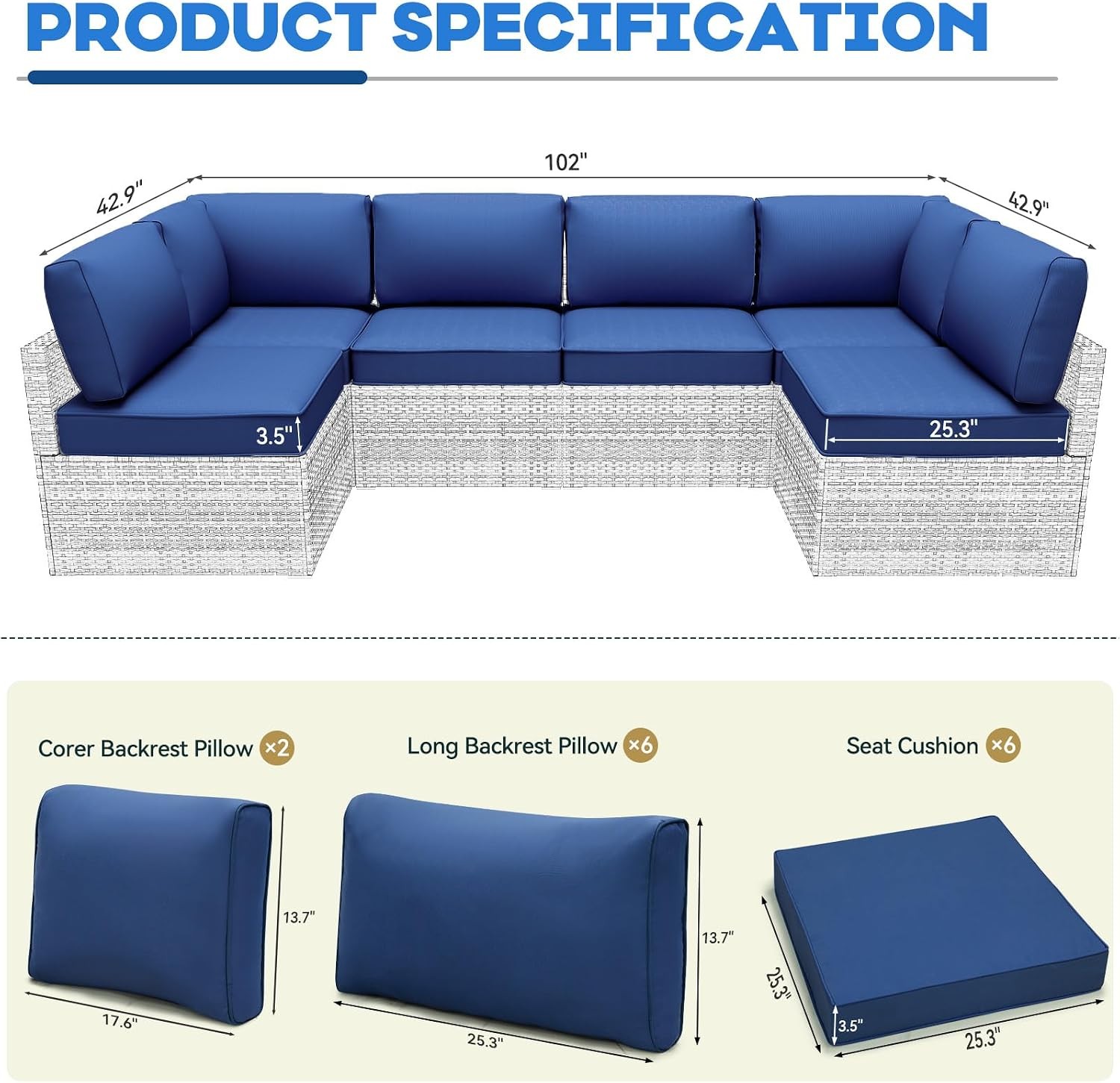 Outdoor Replacement Cushions Patio Furniture,Water-Resistant Sofa Cushion Rattan