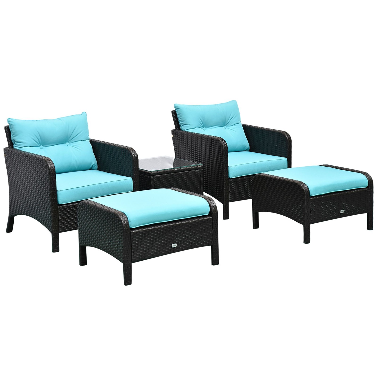 Modern 5-Piece Patio Set Woven PE Rattan 2 Seats & 2 Ottomans Glass Table Blue