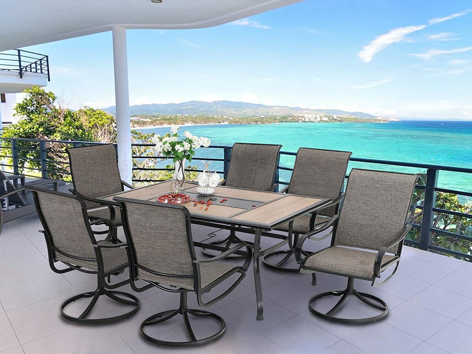 7 Pieces Patio Dining Table Chairs Sets Outdoor Dining Set Rocker Swivel Chair