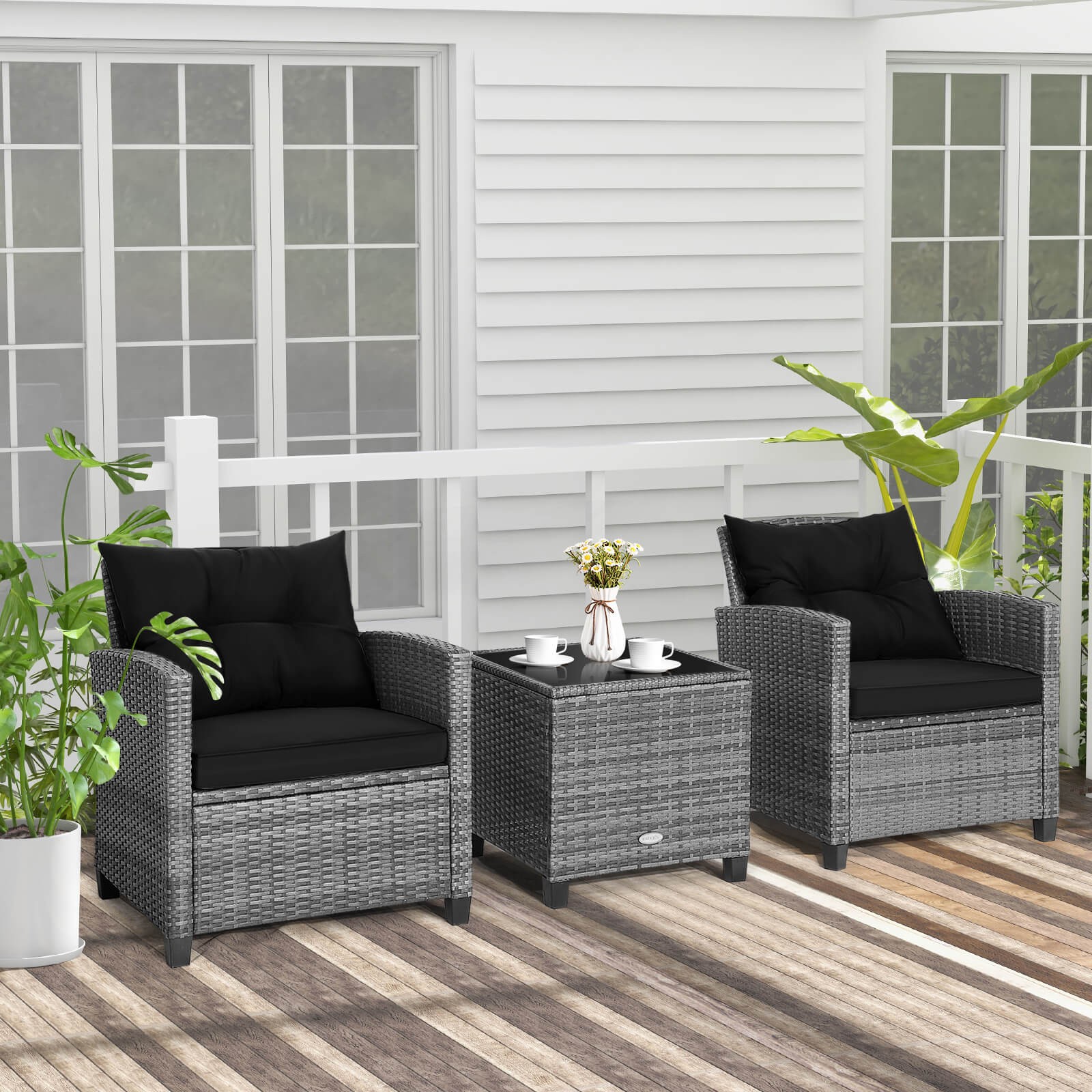 3PCS Patio Rattan Furniture Bistro Set Cushioned Sofas Side Table Armrest
