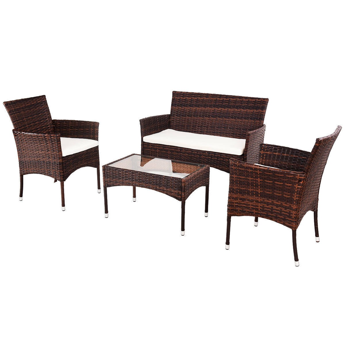 4PCS Outdoor Patio PE Rattan Wicker Table Shelf Sofa Furniture Set With Cushion