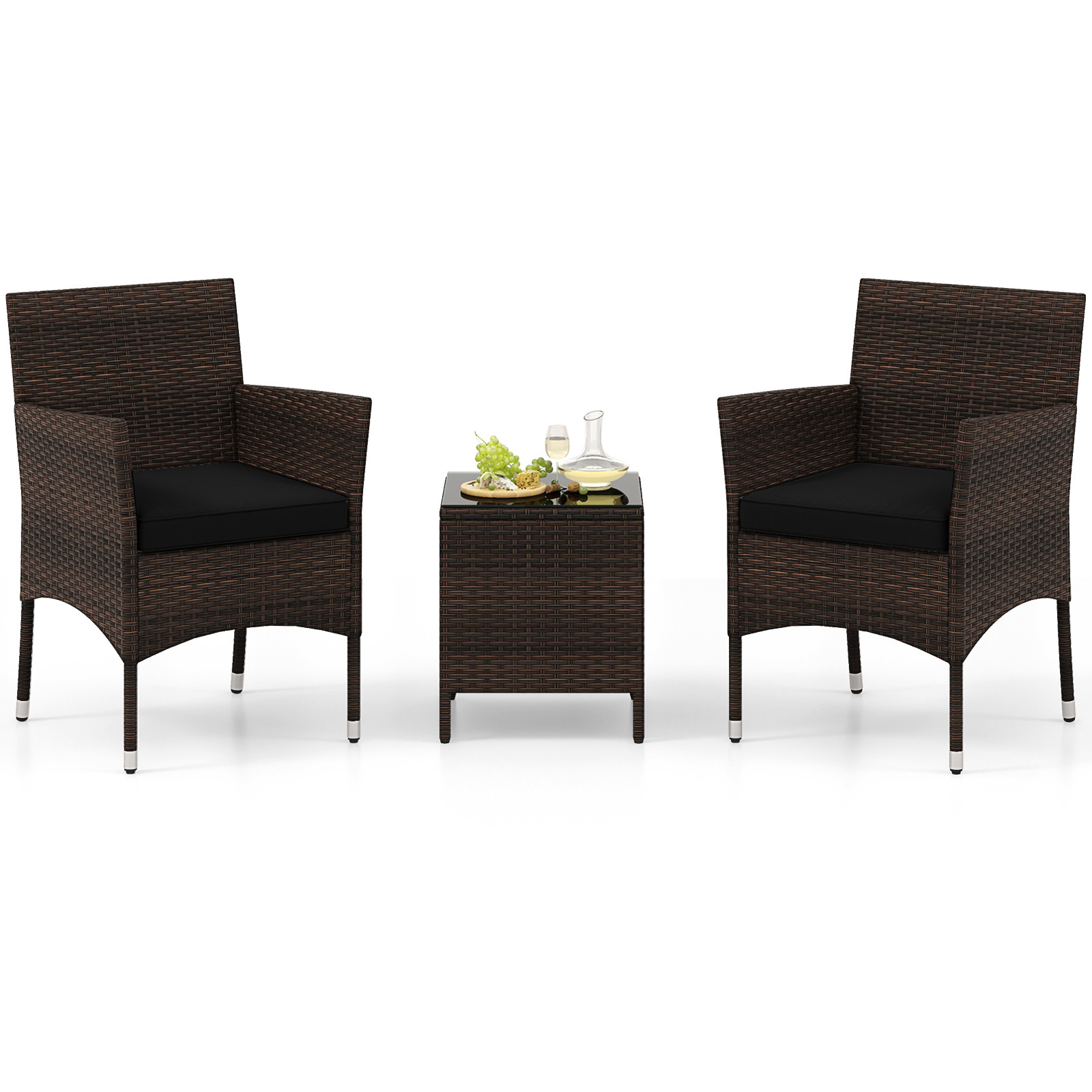 3 PCS Outdoor Conversation Set w/ Cushioned Seat & Tempered Glass Tabletop