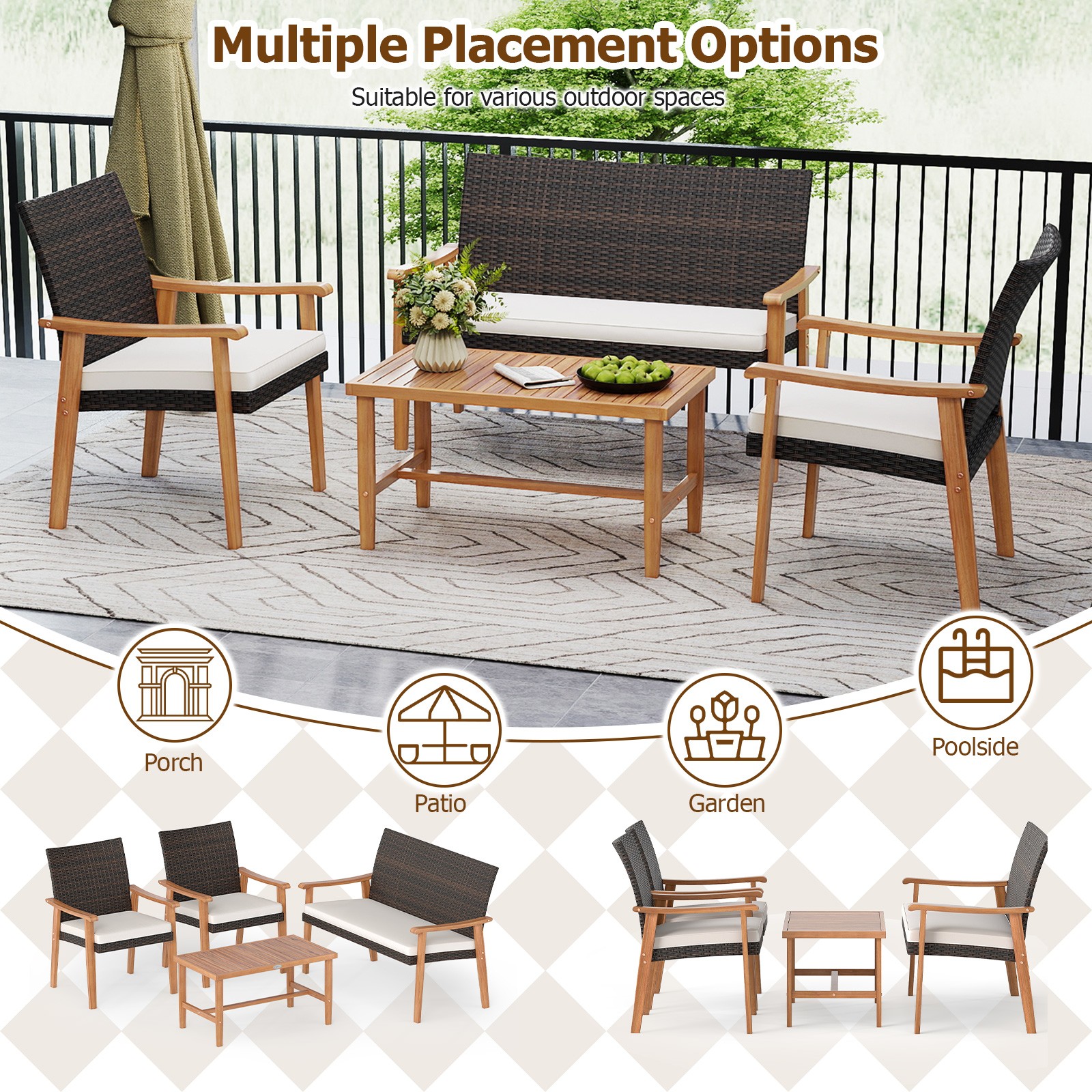 4 OCS Patio Furniture Set w/Acacia Wood Coffee Table & Soft Cushions for Garden