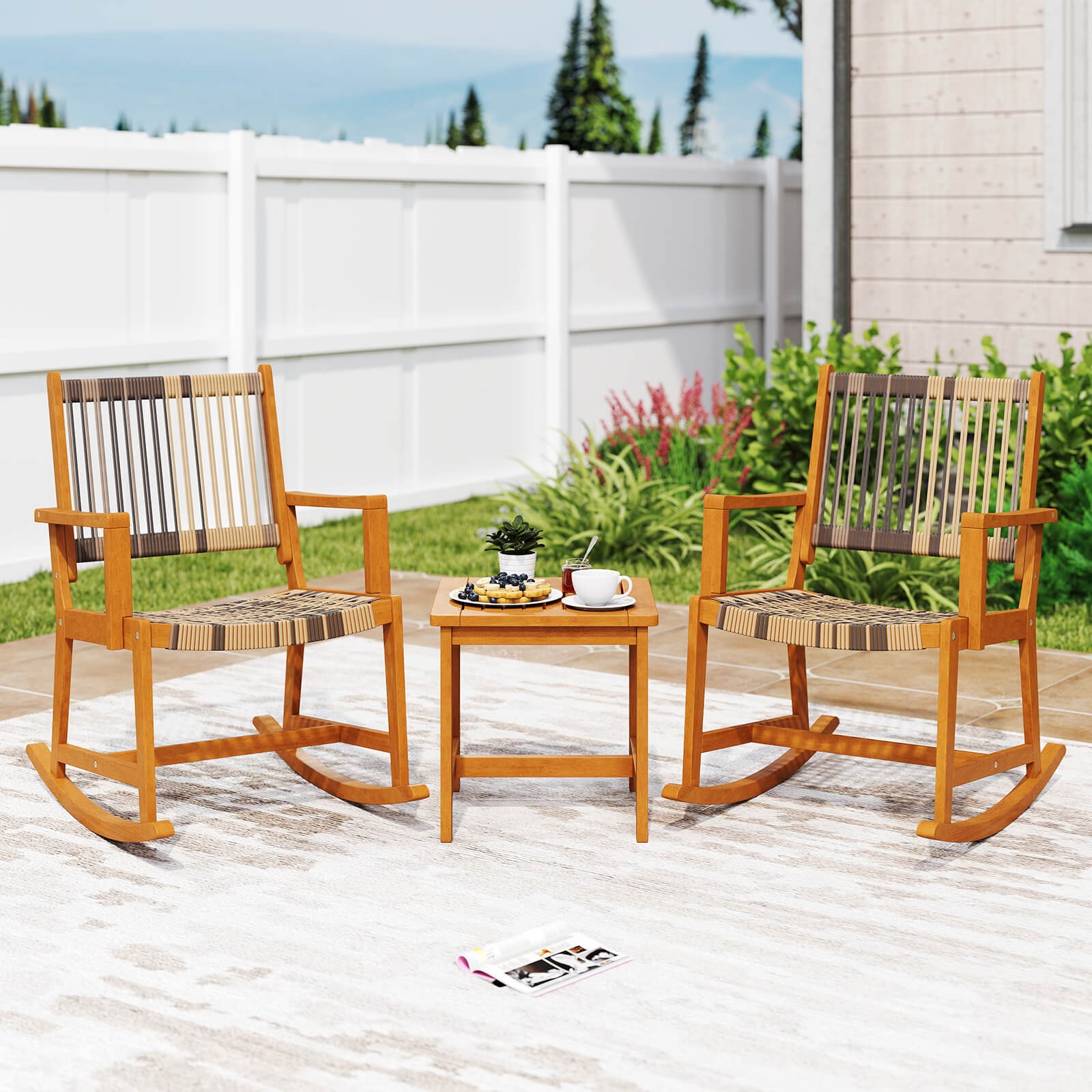 3 PCS Patio Rocking Set w/ Rattan Seat & Back Square Side Table for Porch