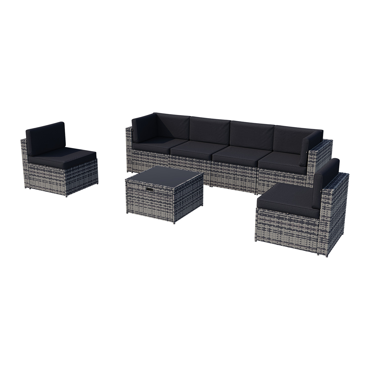 7-Piece Gray Rattan Sofa Set Black Cushions Coffee Table