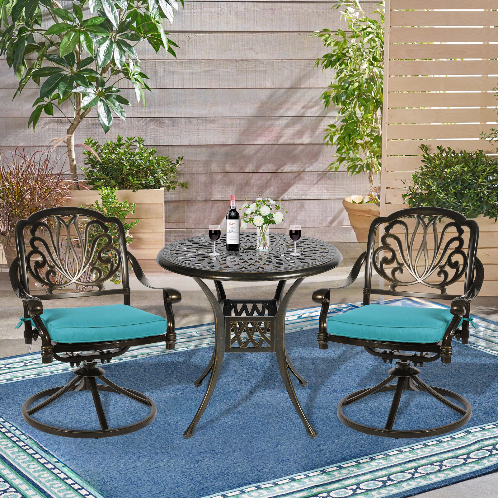 3 Piece Dining Set Outdoor Table and Swivel Chairs Bistro Patio Set for Garden