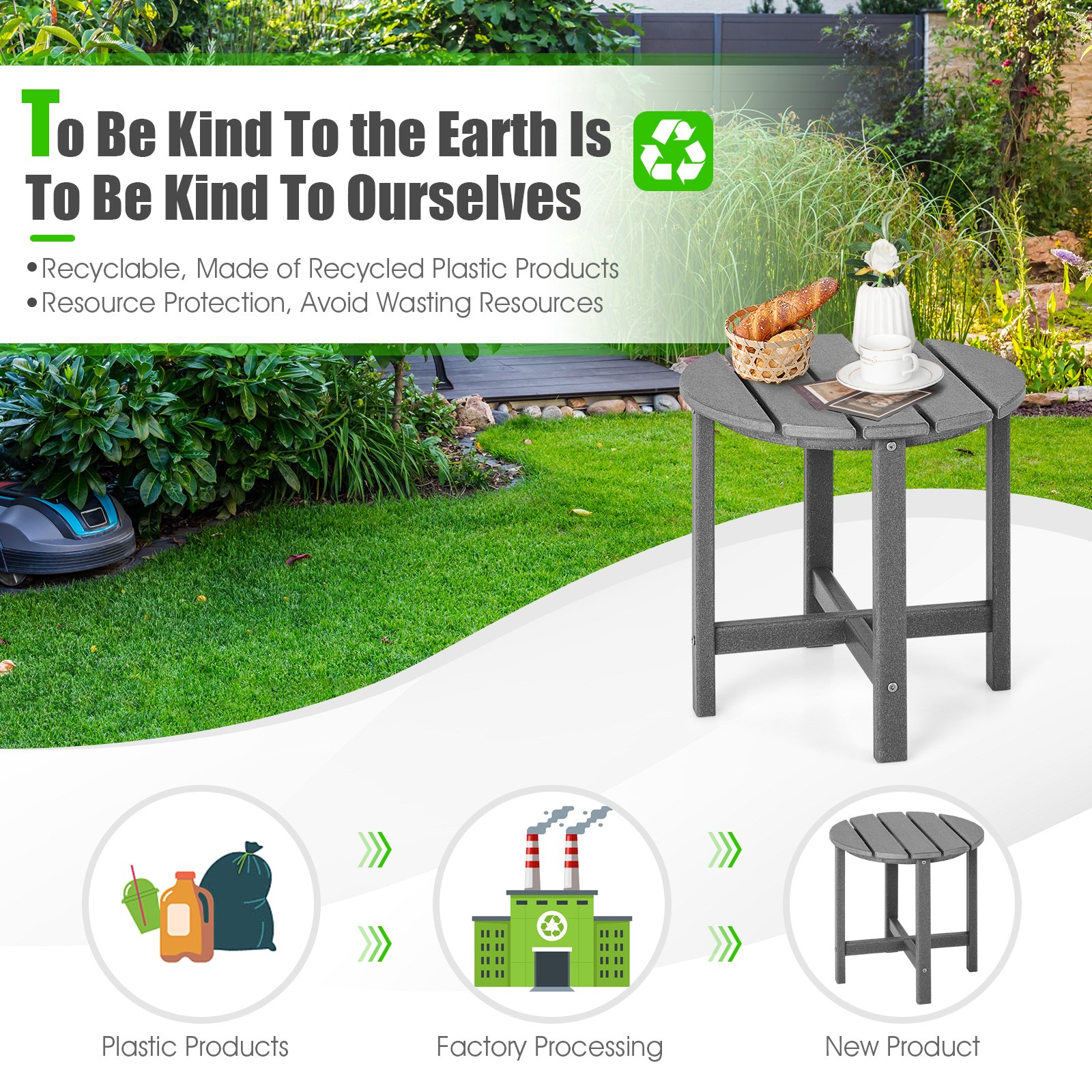 2PCS Patio 18″ Adirondack Side Table Weather Resistant HDPE Garden Grey