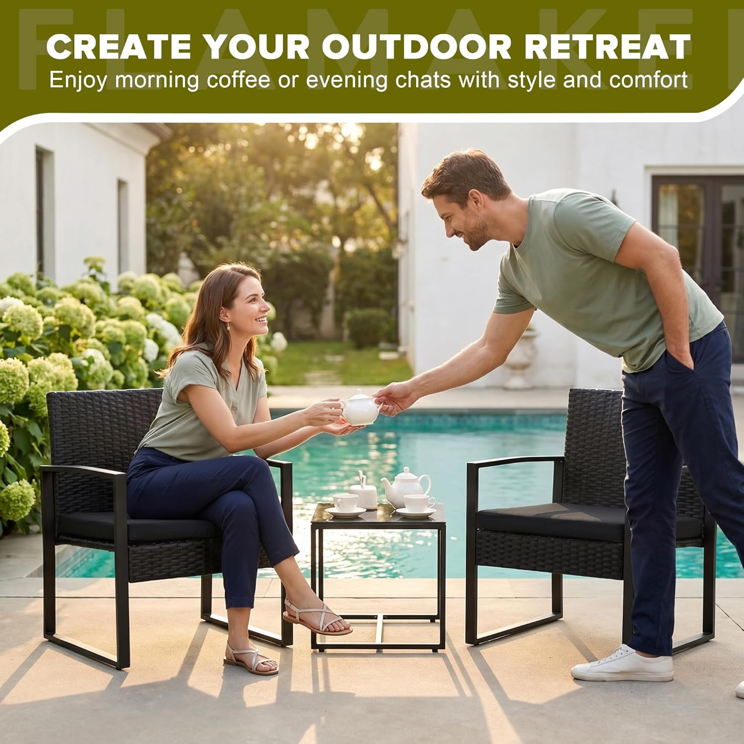 3 Pieces Outdoor Patio Wicker Furniture Set, Modern Rattan Chair Conversation Se