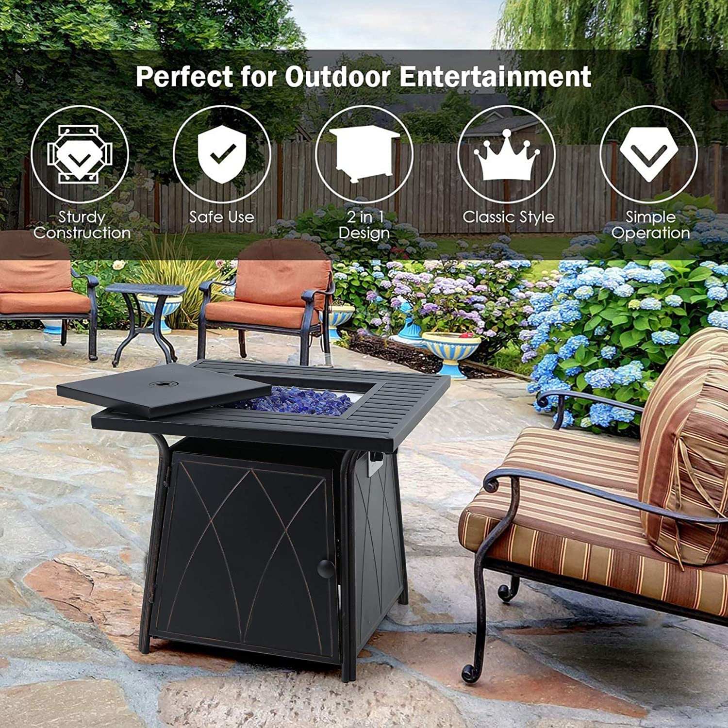 5 PCS Patio Dining Set Gas Fire Pit Table & Swivel Chair Outdoor Furniture Set
