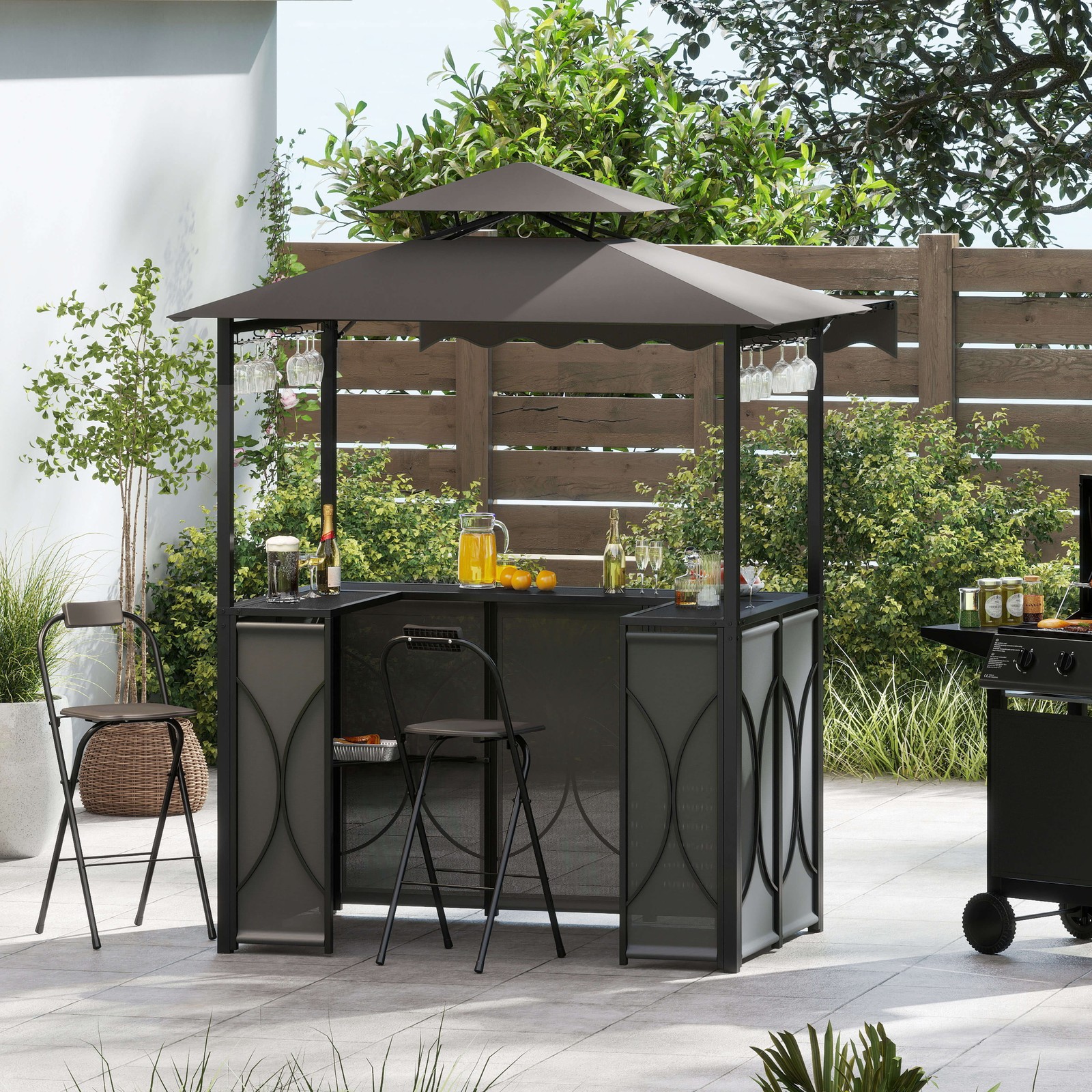 3-Piece Outdoor BBQ Canopy w/ Bar Table & 2 Foldable Bar Chairs Set for Patio