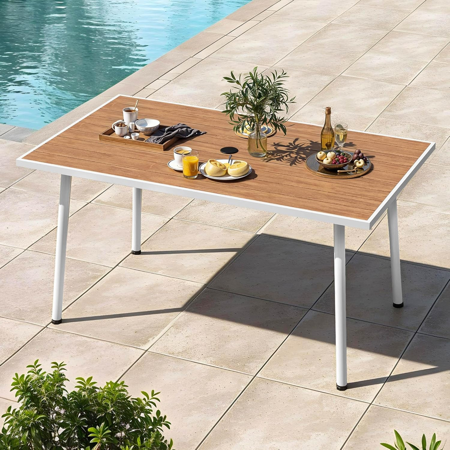 Outdoor Patio Dining Table Rectangular for 6, PE Rattan and Wood Finish Patio Ta