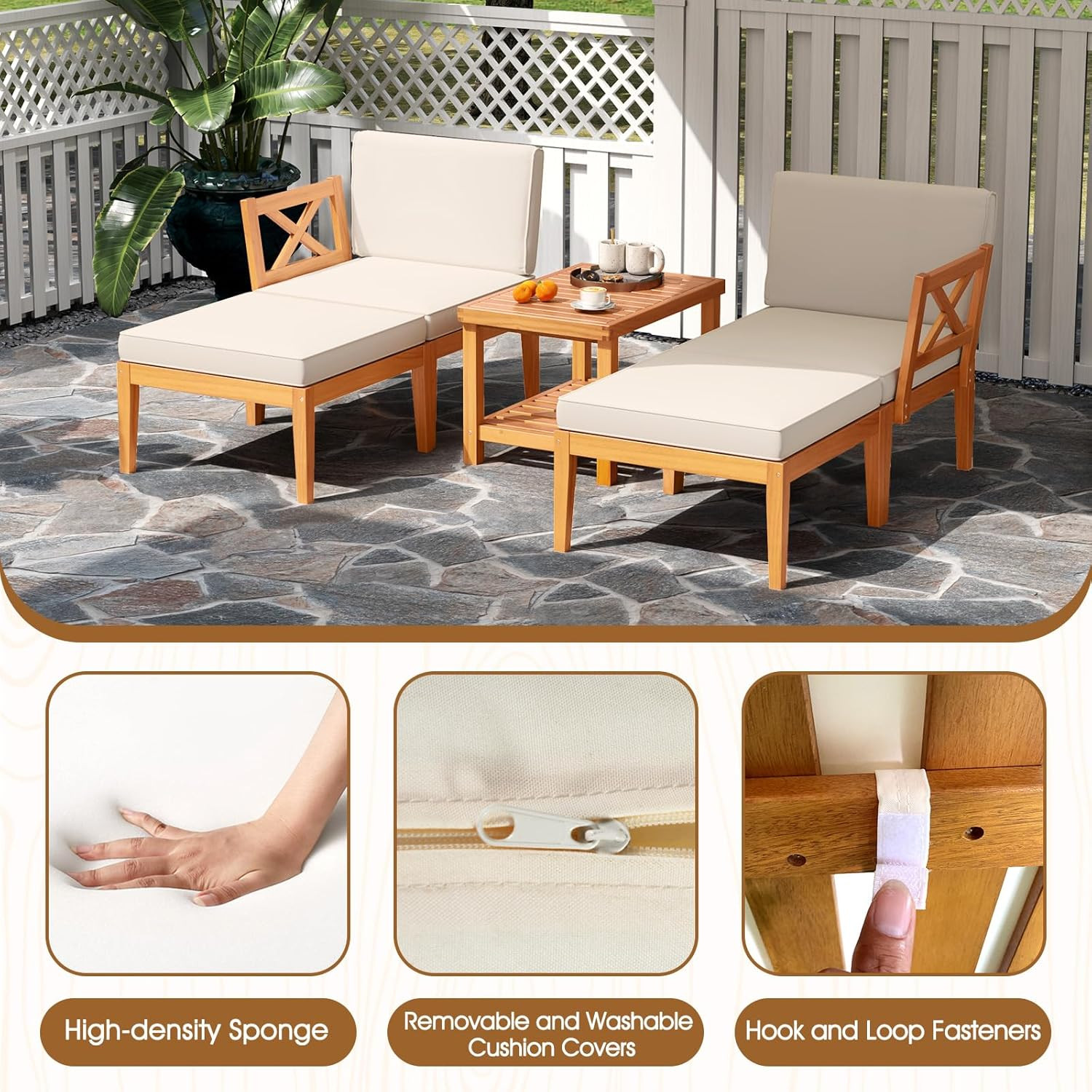 5 Pieces Patio Lounge Chair Set W/Ottomans, Acacia Wood Patio Conversation Set W