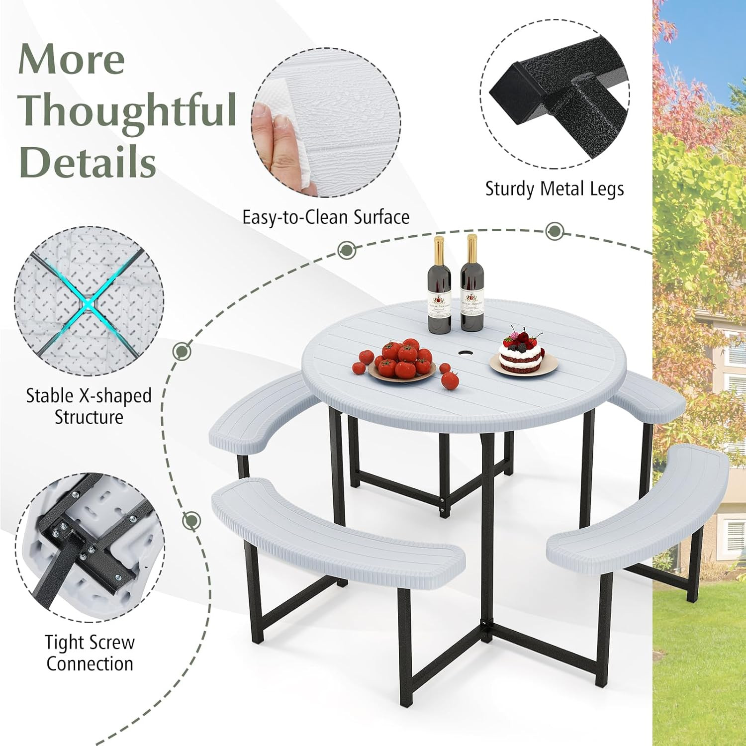 Round 37” Picnic Table Set for 4-8, Umbrella Hole, 1400Lb Capacity, White