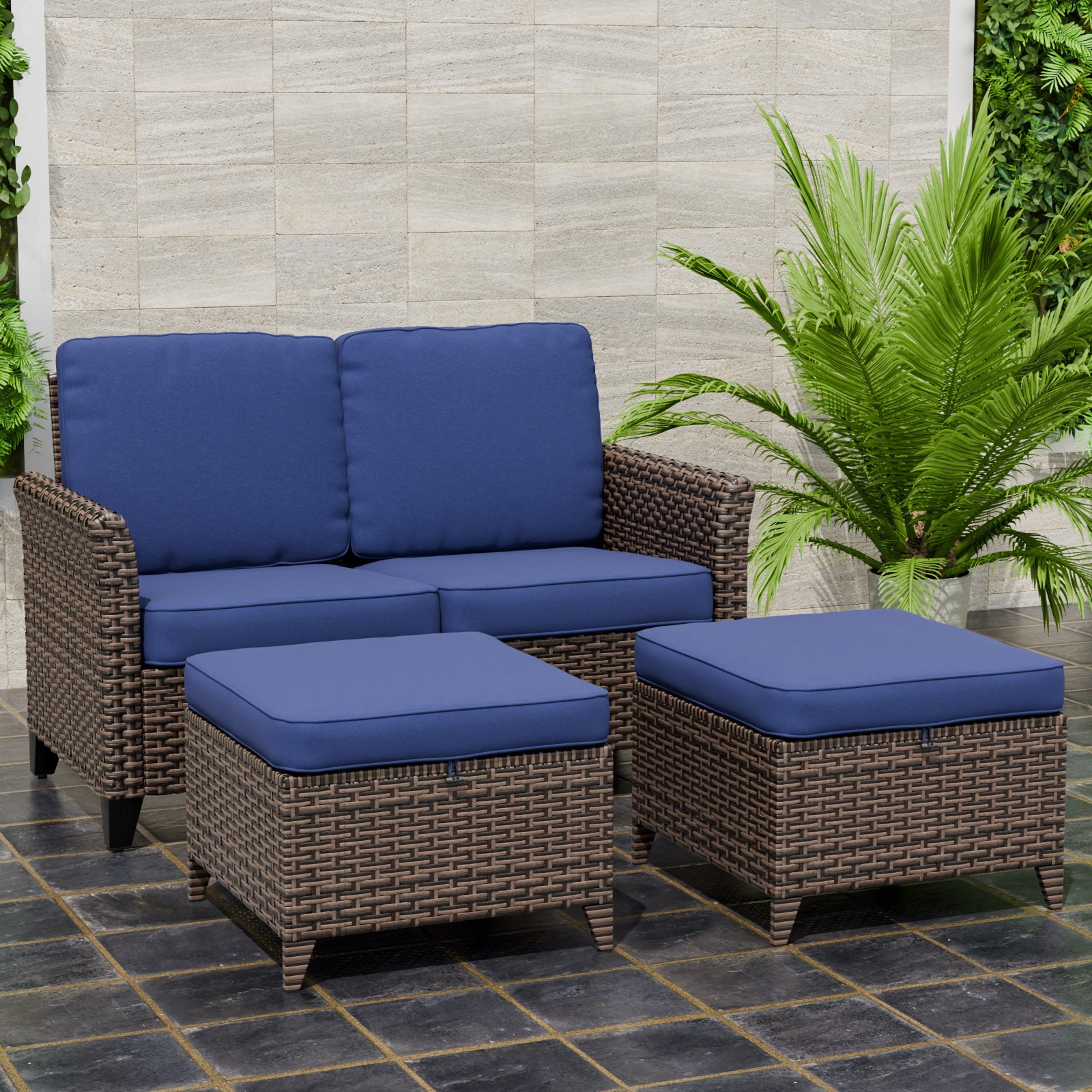EAGLE PEAK Ocean Vista Outdoor Wicker Loveseat Sofa with 2 Ottomans