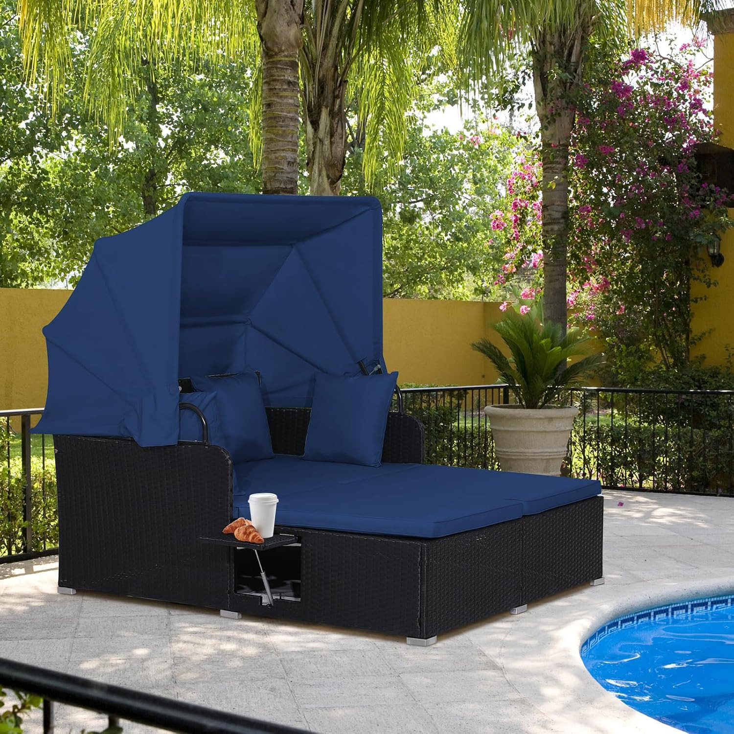 Outdoor Daybed, 2-Person Wicker Patio Sofa with Retractable Canopy, Cushions & P