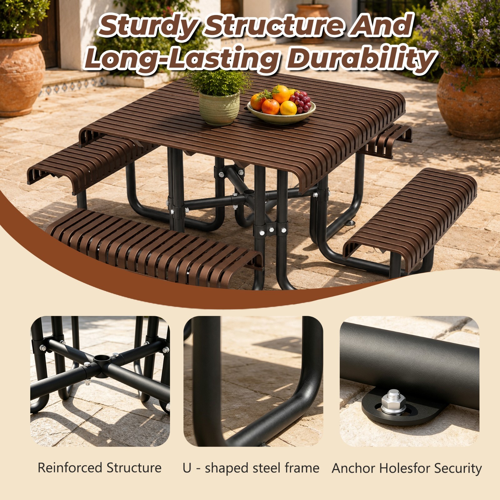 Outdoor 8-person Square Picnic Table Bench Set w/ 4 Benches & Umbrella Hole