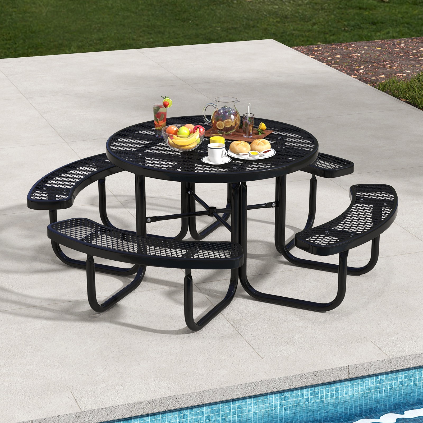 45″ Outdoor Round Picnic Table Bench Set for 8 w/ Umbrella Hole BLK