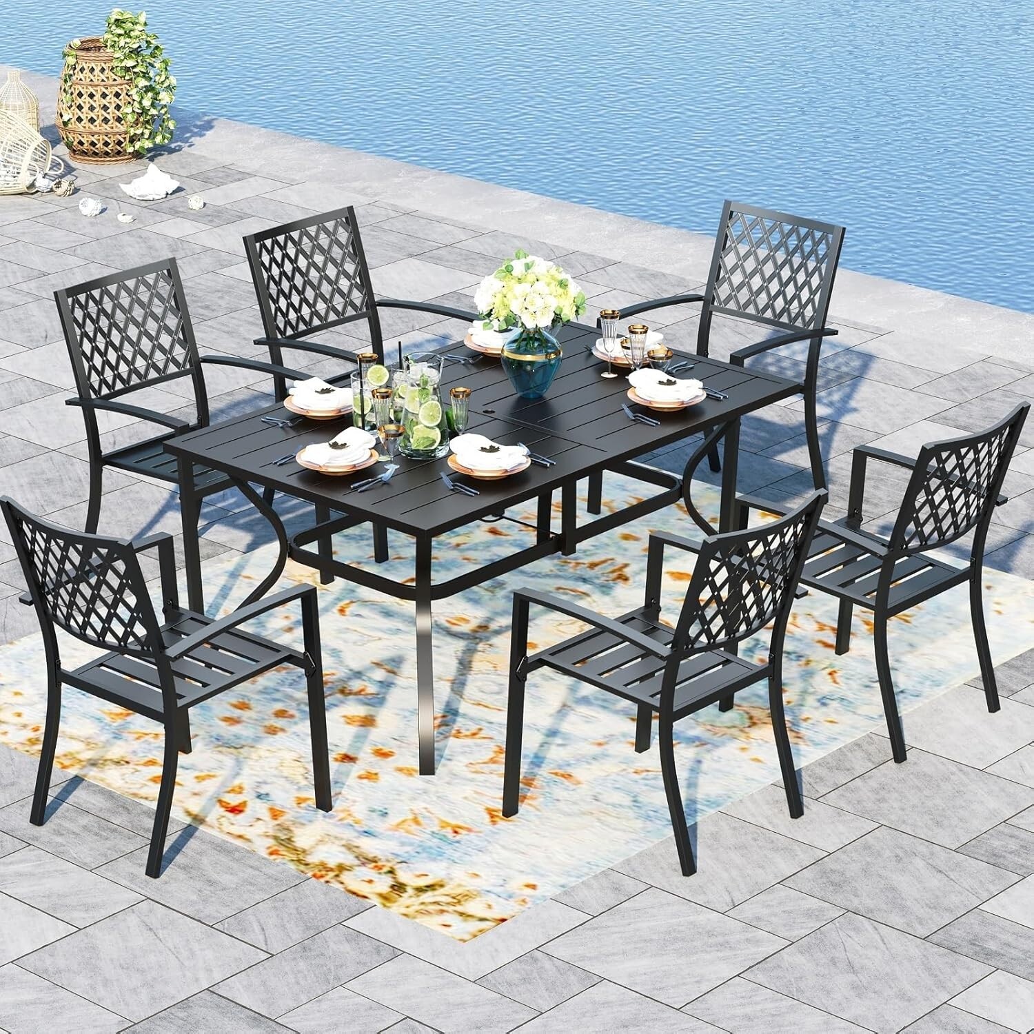 7-Piece Metal Outdoor Dining Set W/ Rectangle Table 6 Chairs Patio Furniture Set
