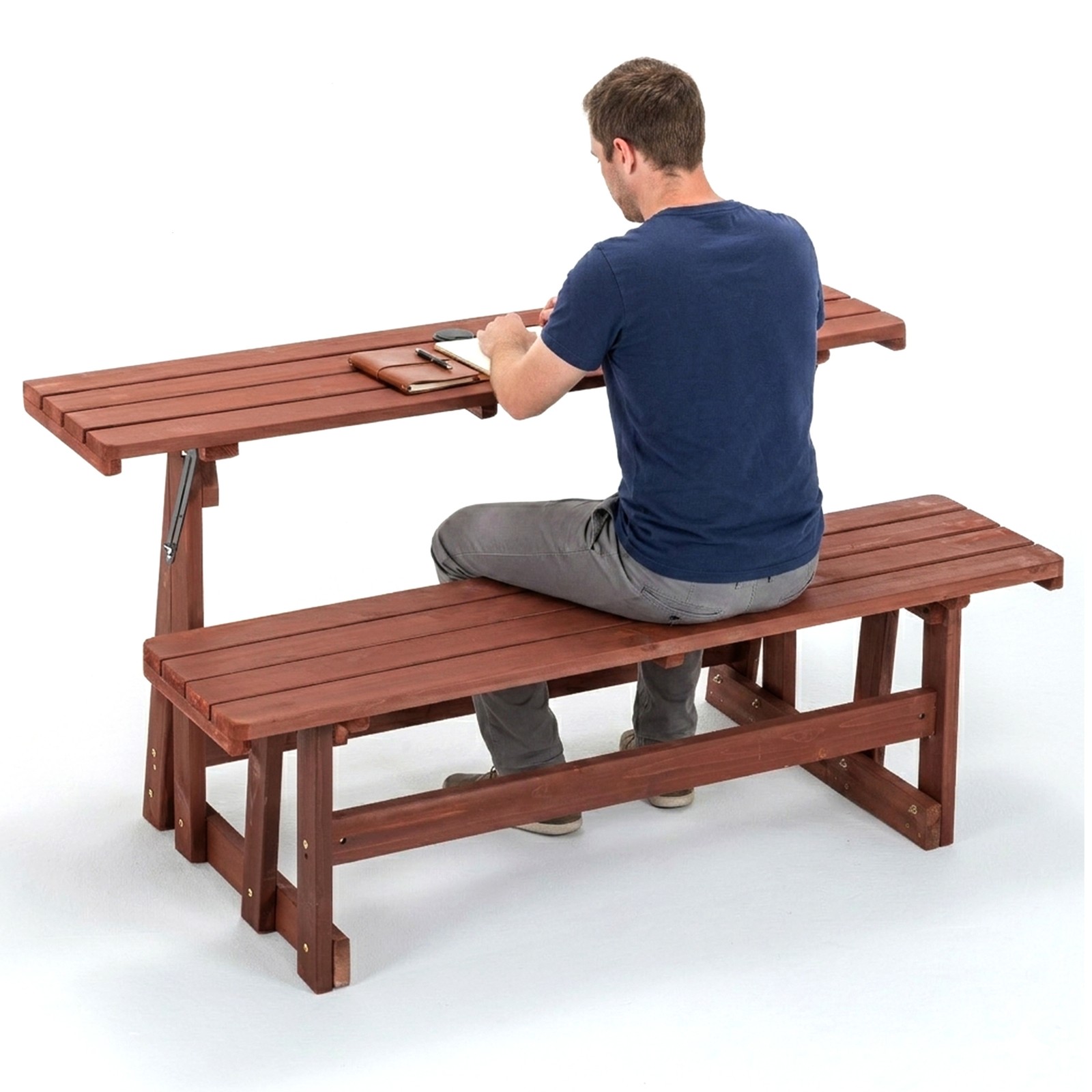 2-in-1 Convertible Picnic Table Bench, Solid Wood Outdoor Folding Dining Set
