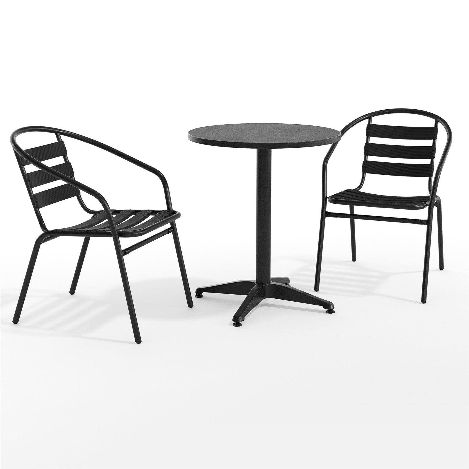 Modern 23.5″ Round Glass Framed Glass Table with 2 Black Slat Back Chairs