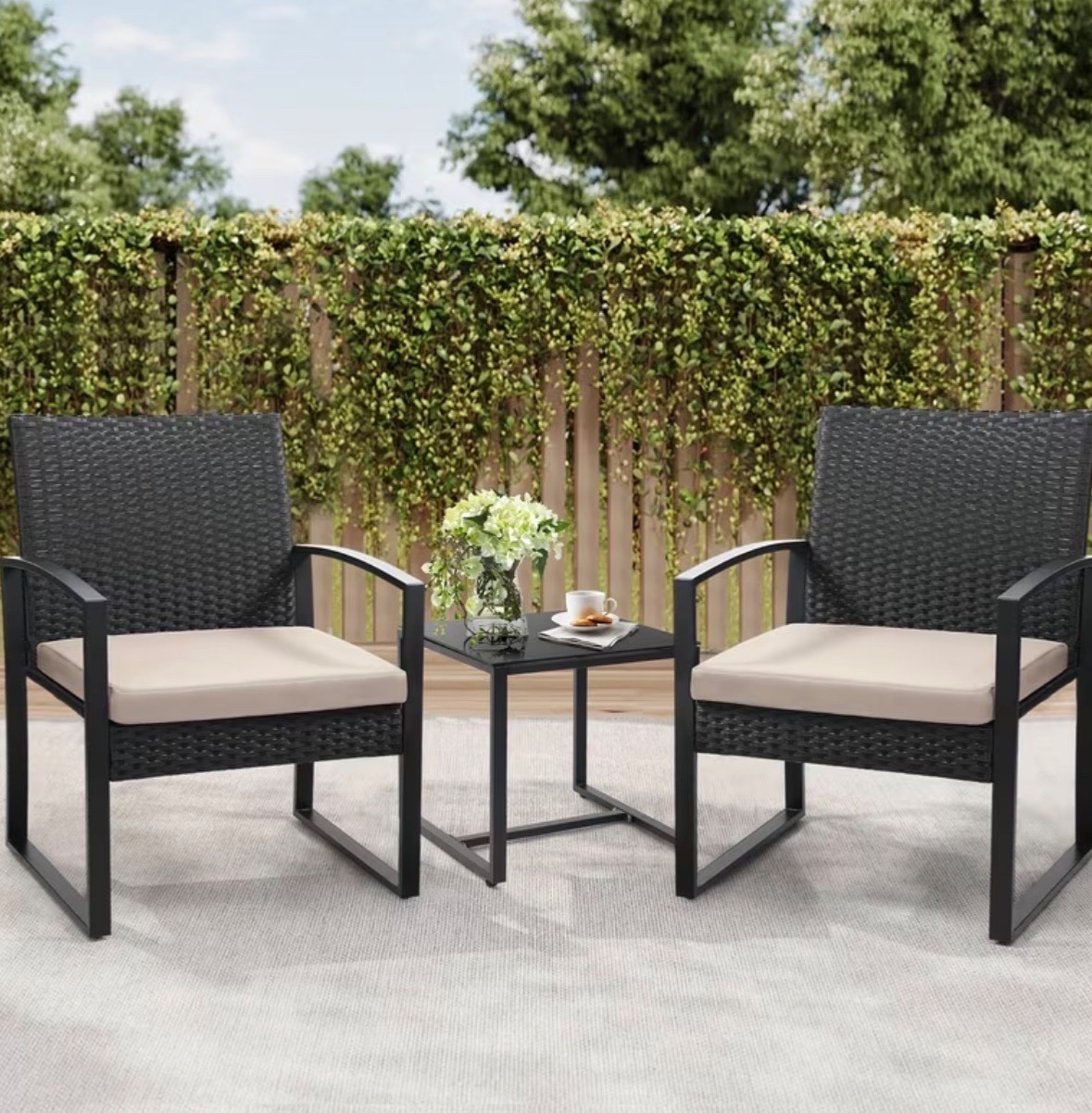 3pcs Rattan Bistro Set, 2 Chairs & 1 Safety Glass Top Table, with Plush Cushions