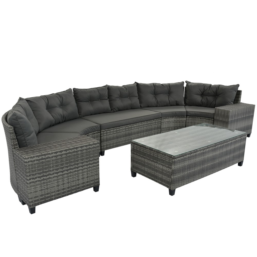 Half-Moon Outdoor Sofa Set 8-pc w/ Coffee Table, PE Rattan, Gray Cushions, Patio