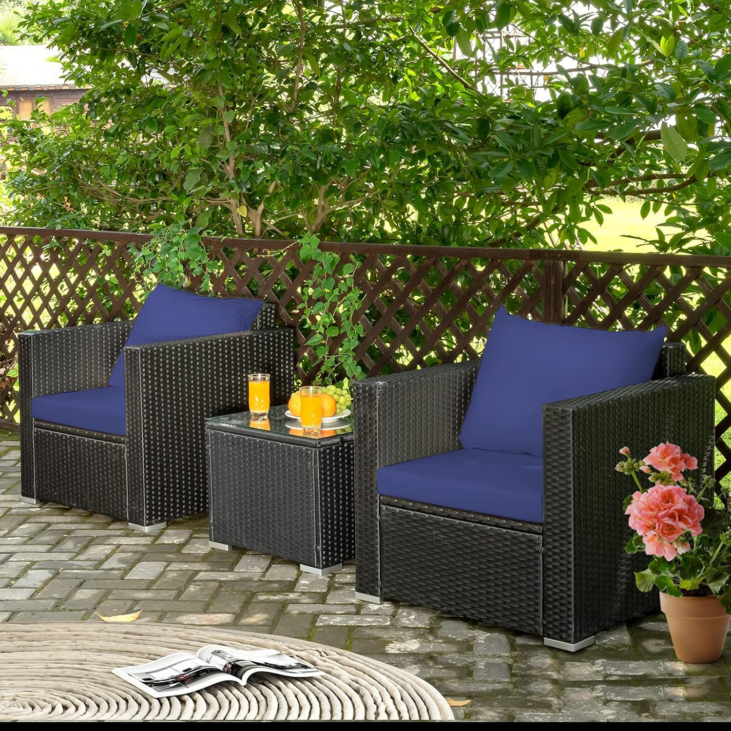 Navy Blue 3-Piece Patio Furniture Set with Cushions & Glass Tabletop