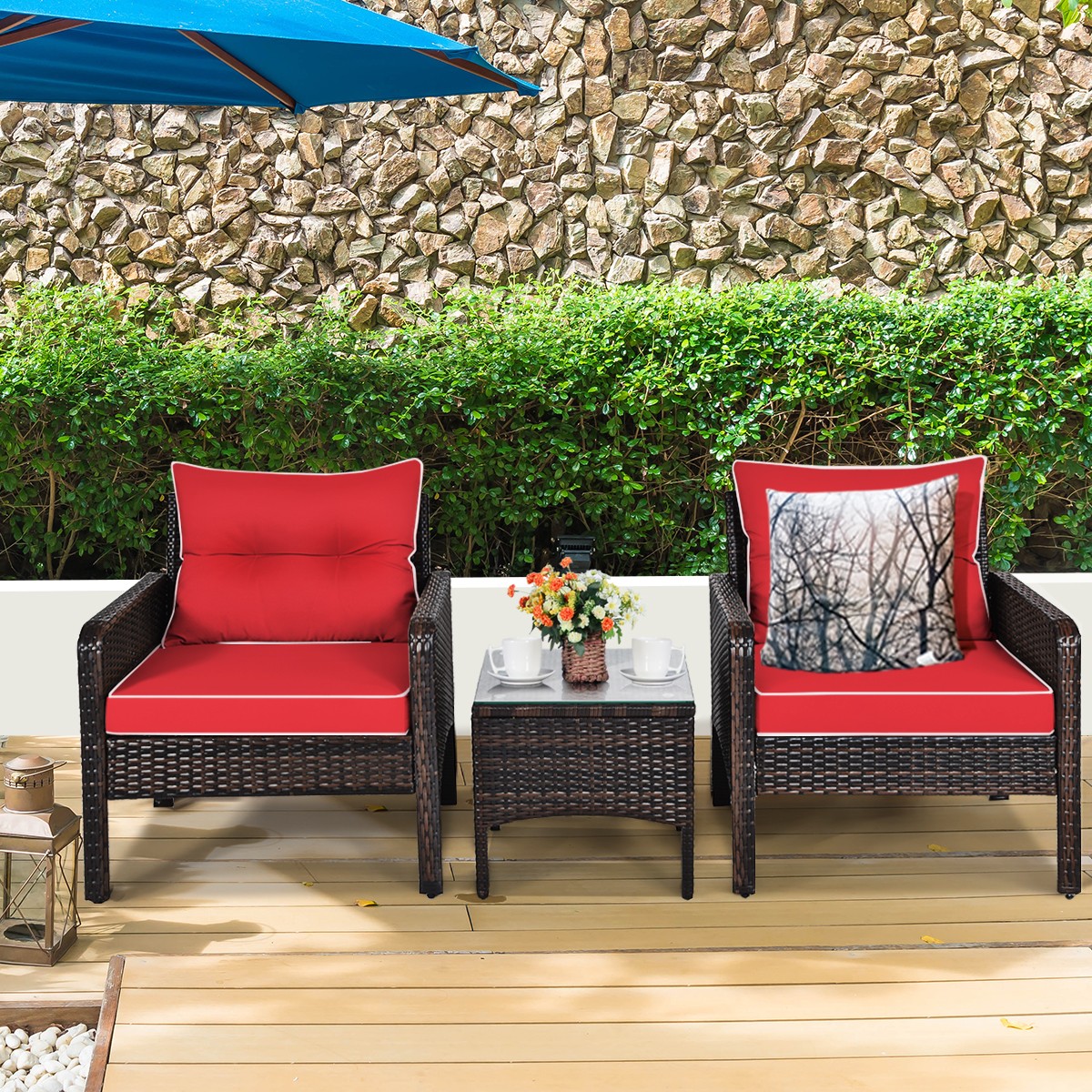 3PCS Outdoor Rattan Conversation Sofa Set Patio Furniture Cushioned Chair Red