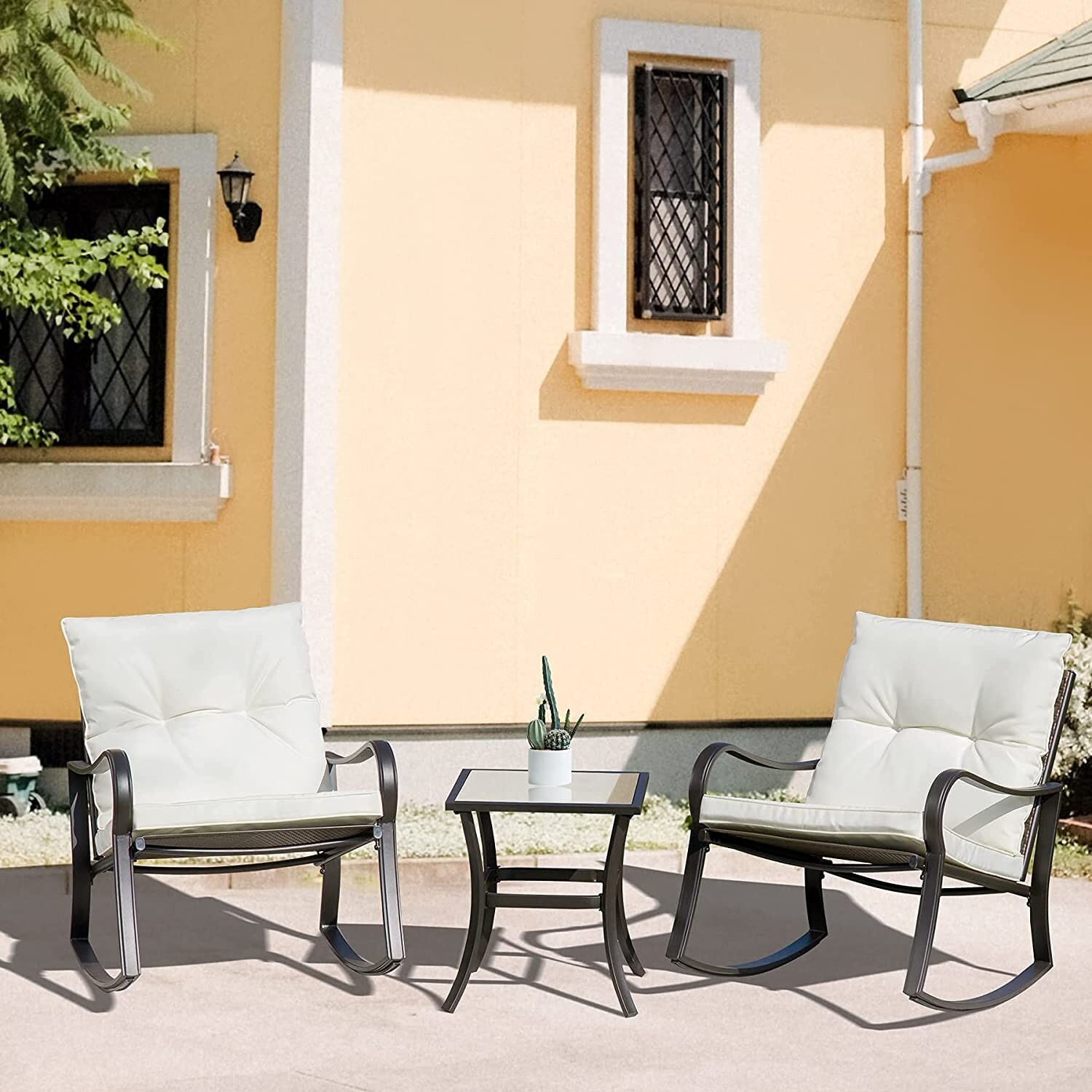 3 Pieces Bistro Set Rocking Chairs Thickened Cushion and Glass Top Table