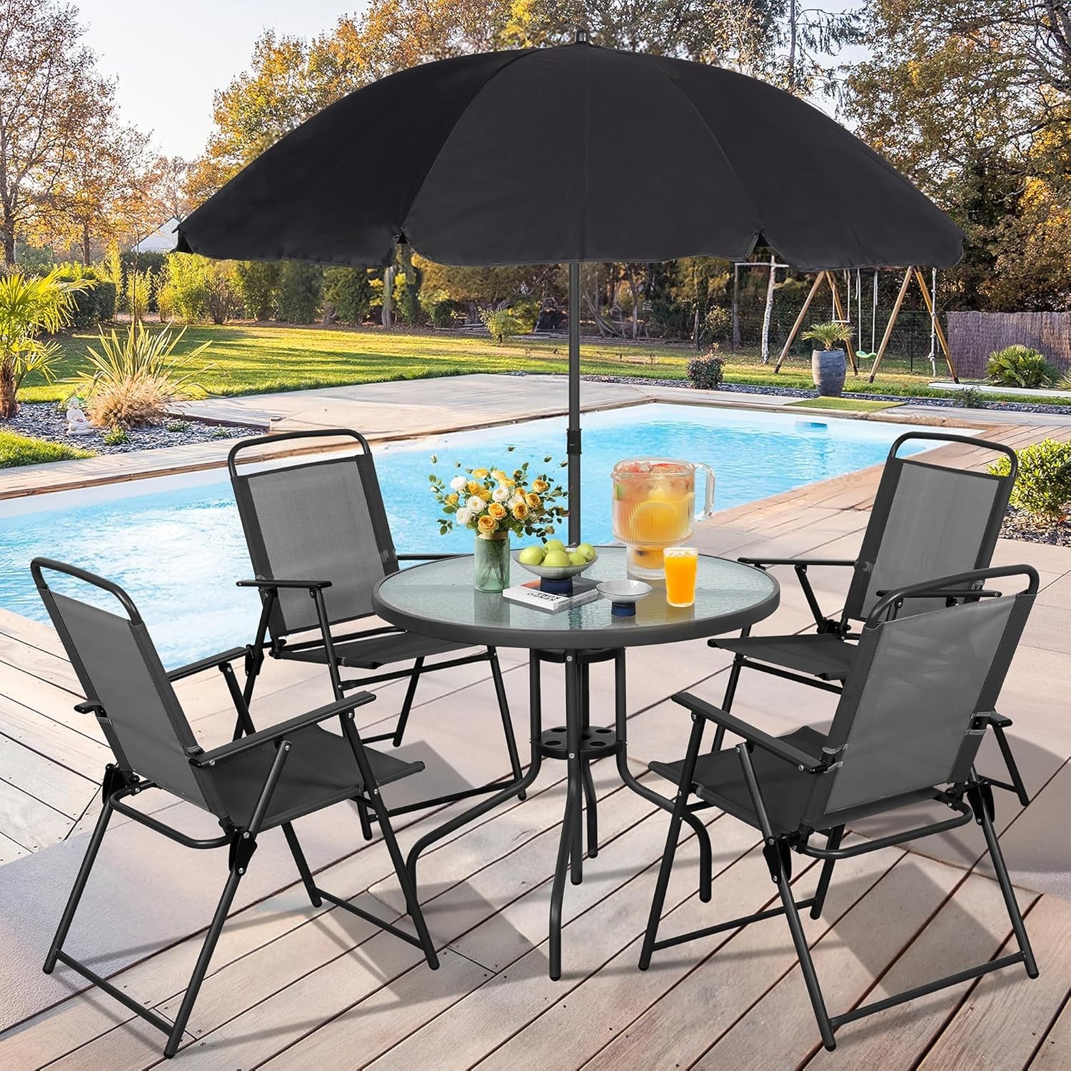 6 PC Folding Metal Table Patio Lawn Garden Deck Umbrella Furniture Umbrella Set